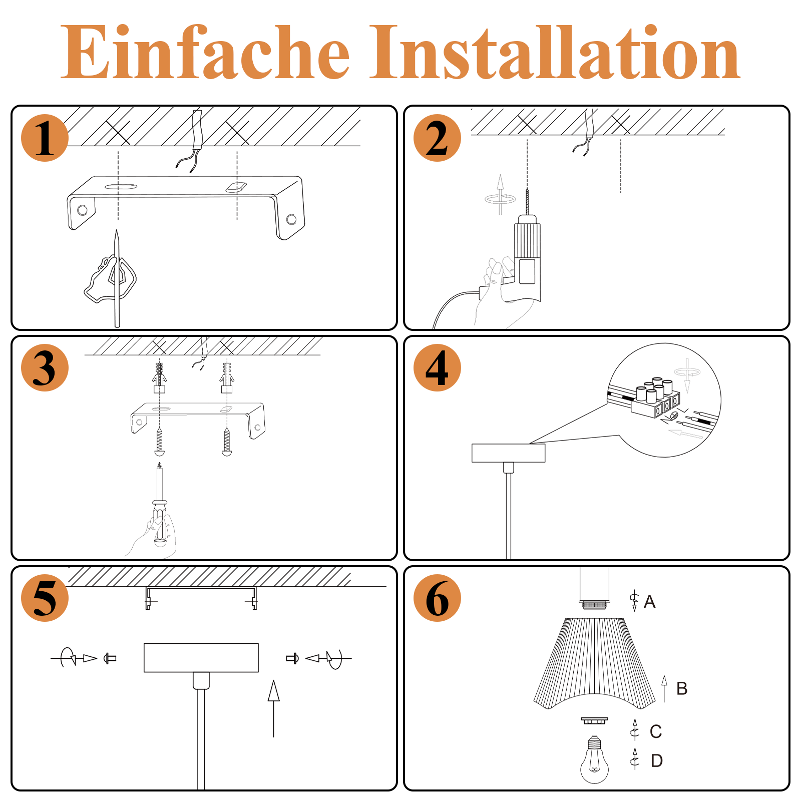 Schemat instrukcji pokazujący kroki 1-6 instalacji oprawy oświetleniowej. Zawiera lampę, okablowanie i osprzęt montażowy.