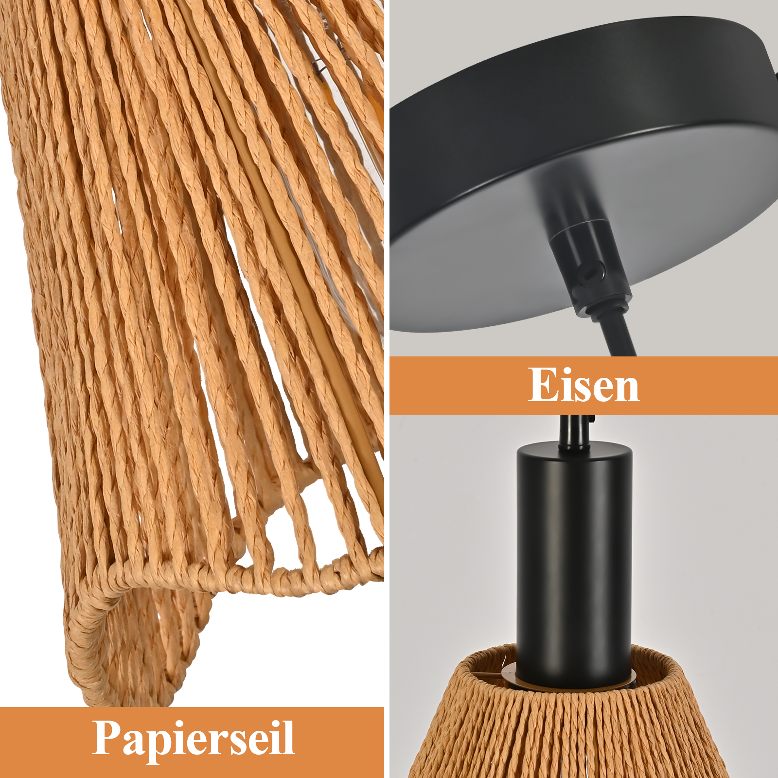Zbliżenie lampy wiszącej. Ma abażur ze splecionego sznurka papierowego i czarne żelazne mocowanie. Tło jest białe.