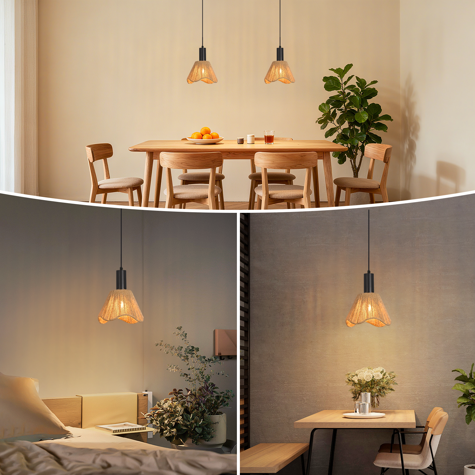 Obraz przedstawia trzy różne wnętrza, każde z wiszącą lampą. Lampy mają tkane klosze.