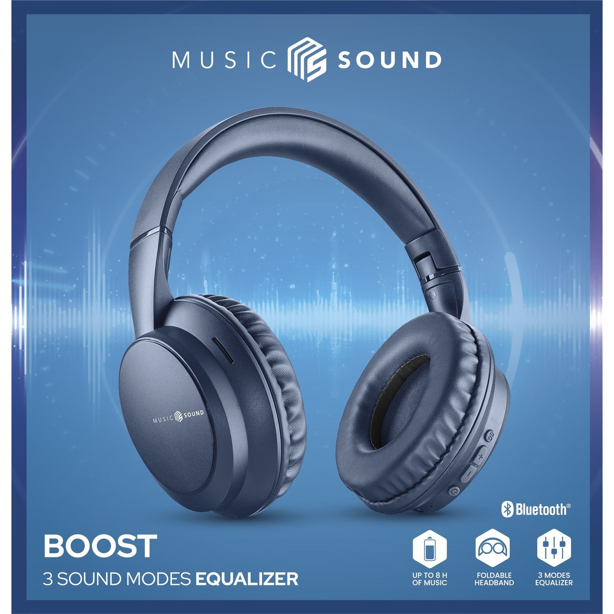 Blaue Kopfhörer mit 'MUSIC SOUND'-Logo. Funktionen: Bluetooth, 3 Klangmodi und faltbares Kopfband. Text: 'BOOST'.