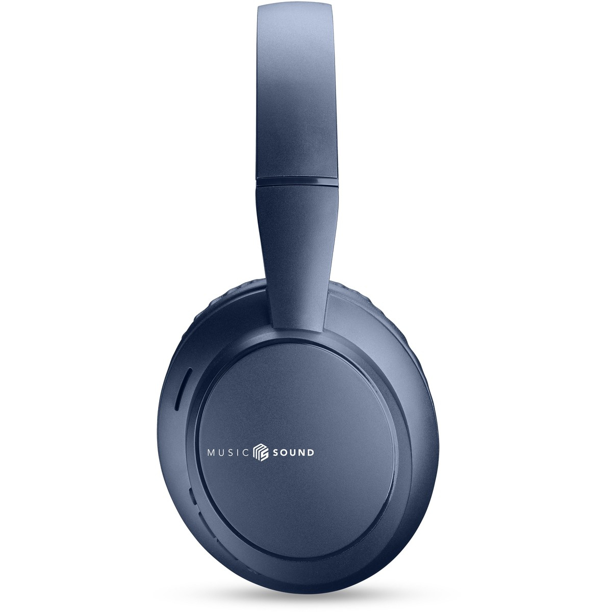 Blaue Kopfhörer mit 'MUSIC SOUND'-Logo auf weißem Hintergrund. Over-Ear-Kopfhörer mit einem Bügel.