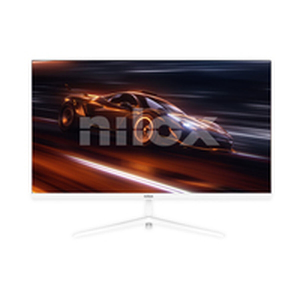 Un monitor per computer mostra un'auto sportiva su uno sfondo di velocità. Il monitor è bianco e ha il marchio 'nitox'.