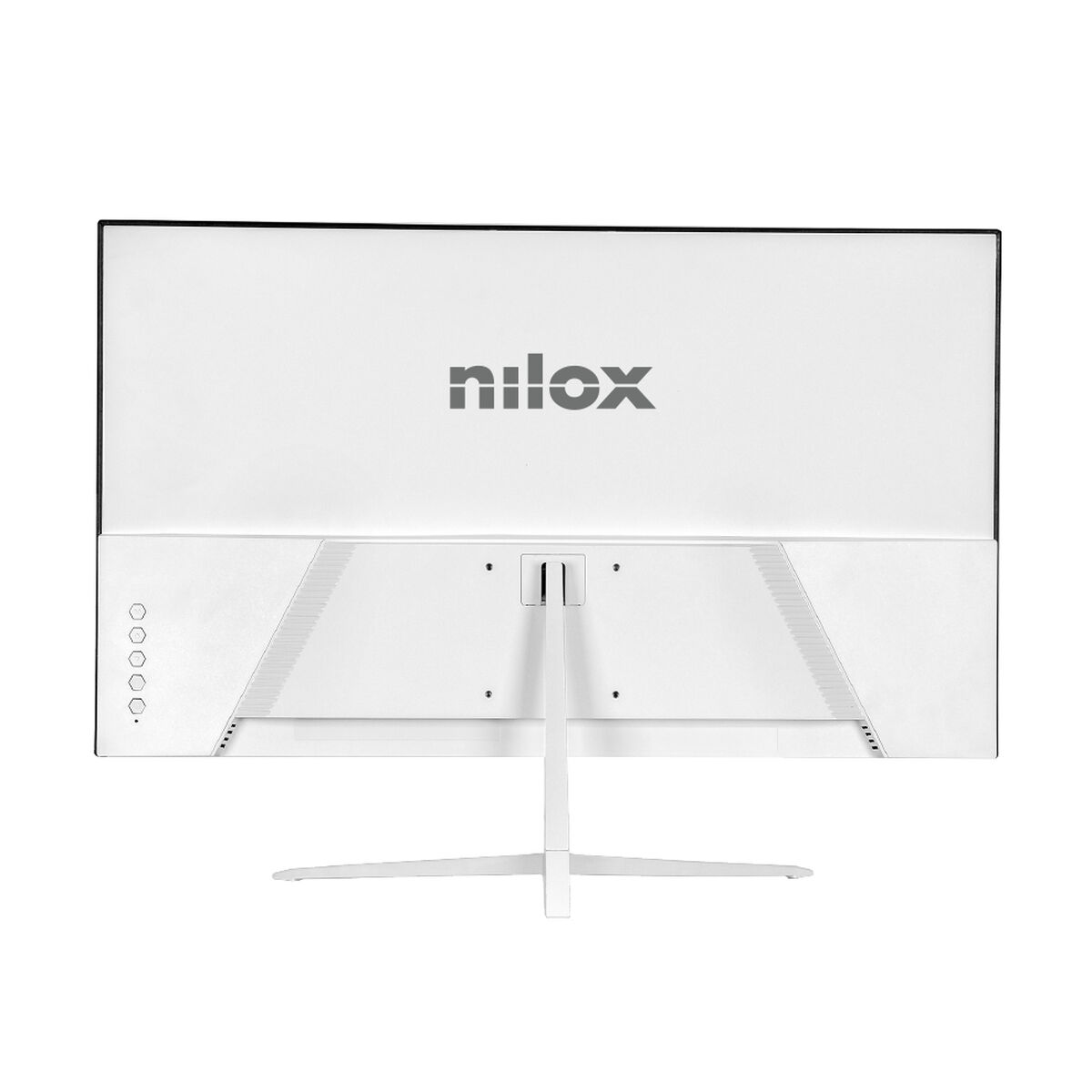 Vista posteriore di un monitor Nilox bianco. Il marchio è grigio. Ha un supporto e porte. Lo sfondo è bianco.