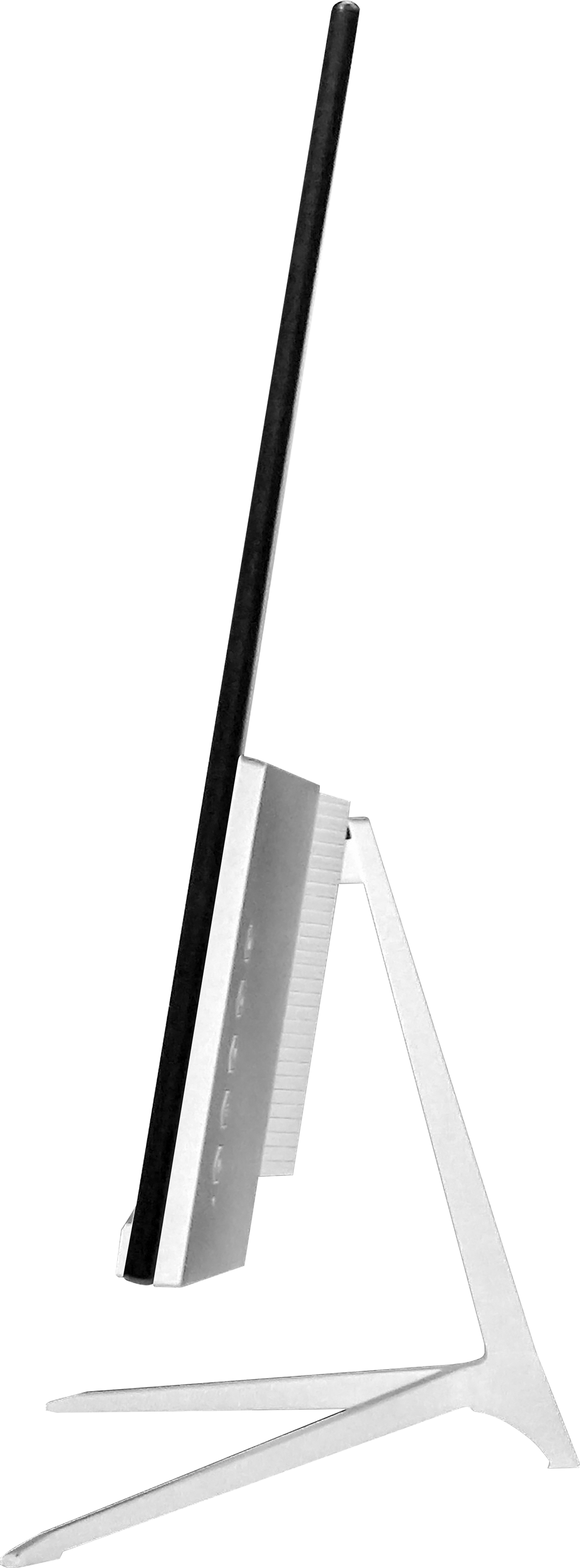 Un monitor per computer è inclinato di lato, sostenuto da un supporto bianco. Lo schermo è nero, con bordo nero.