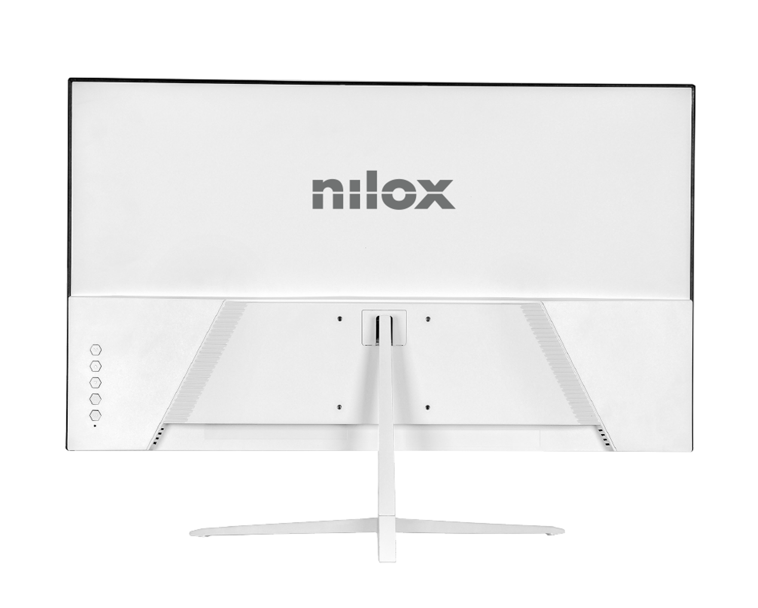 Un monitor Nilox bianco su sfondo bianco. La parte posteriore del monitor è visibile con il nome del marchio. Ha un supporto bianco.