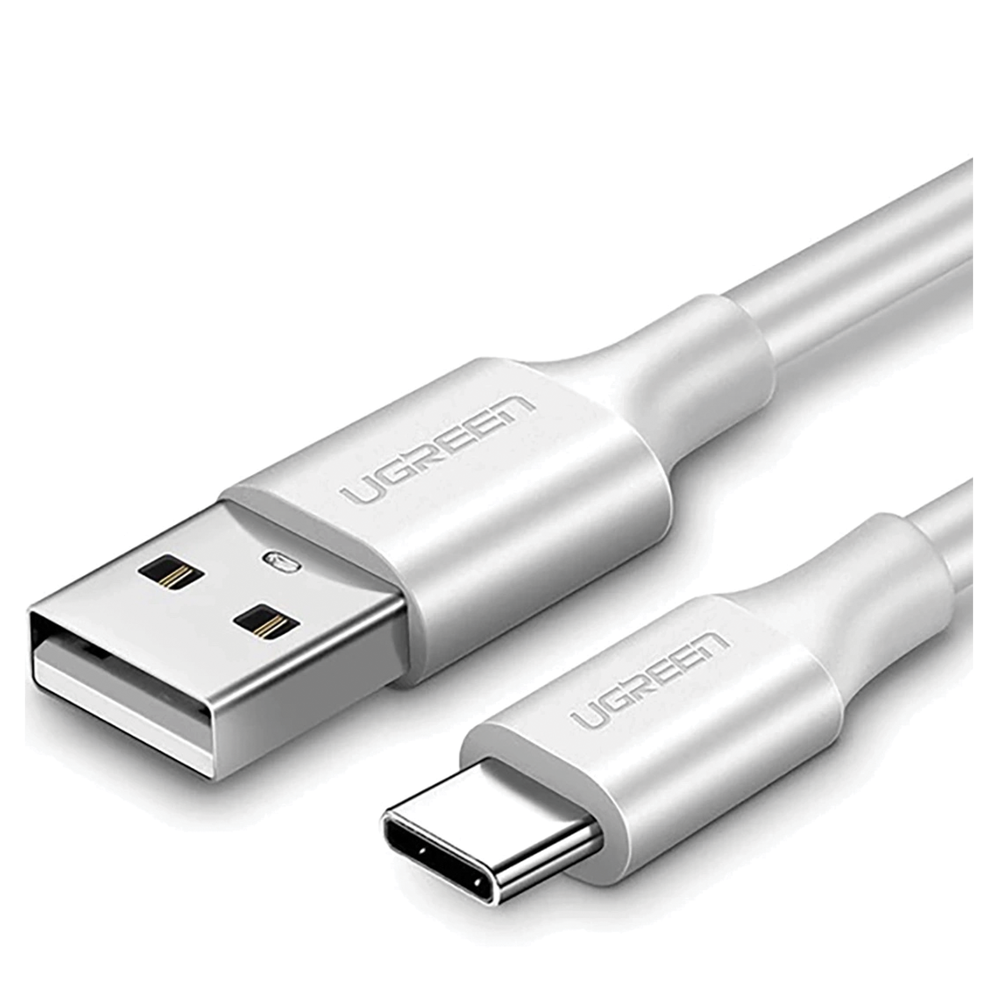 Biały kabel USB UGREEN ze złączami USB-A i USB-C. Kabel jest na białym tle. Widoczne jest logo UGREEN.