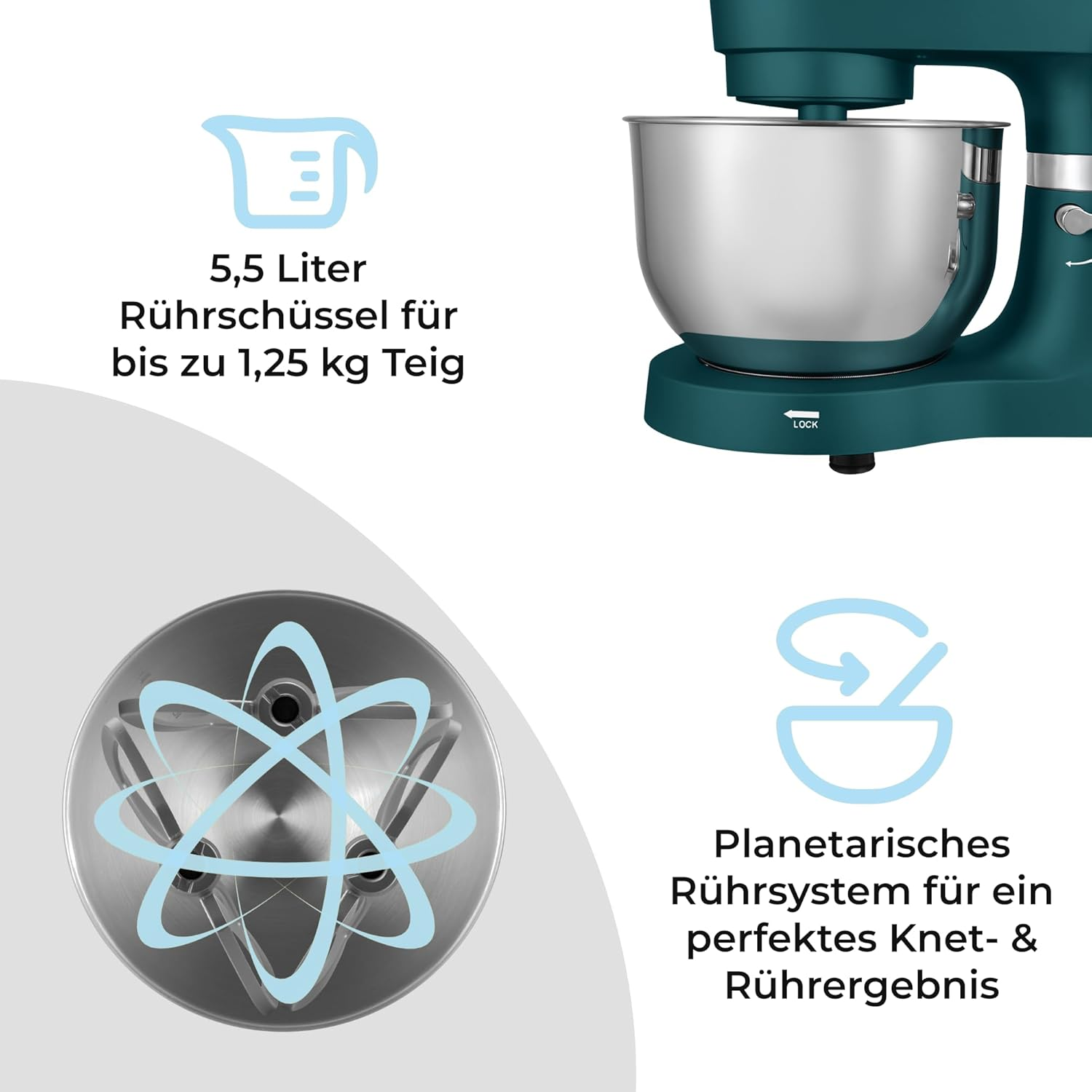 Ein türkisfarbener Küchenmixer mit einer silbernen Schüssel. Text zeigt eine 5,5-Liter-Schüssel für bis zu 1,25 kg Teig.