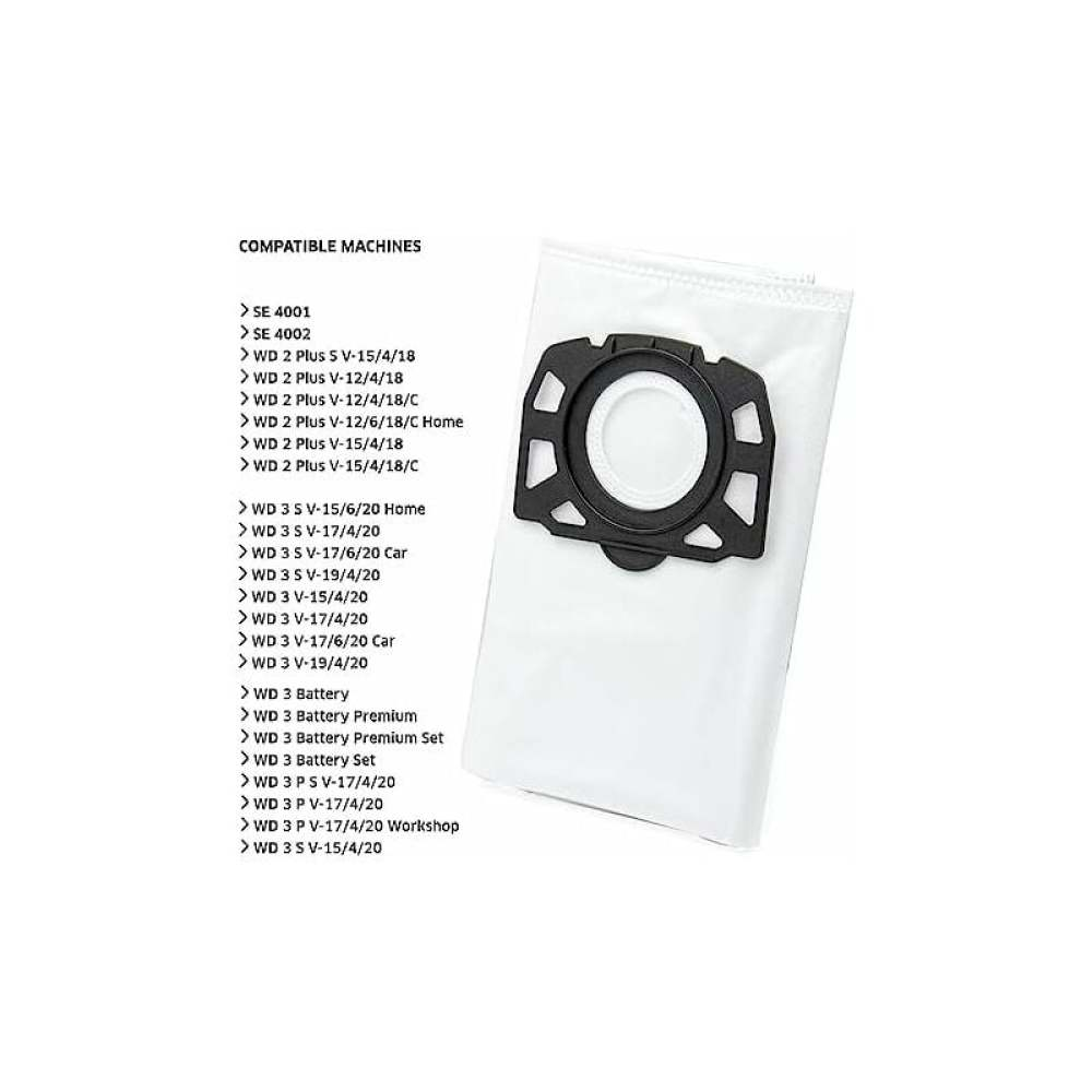 Ein weißer Staubsaugerbeutel mit schwarzem, kreisförmigem Oberteil. Text links listet kompatible Maschinen.