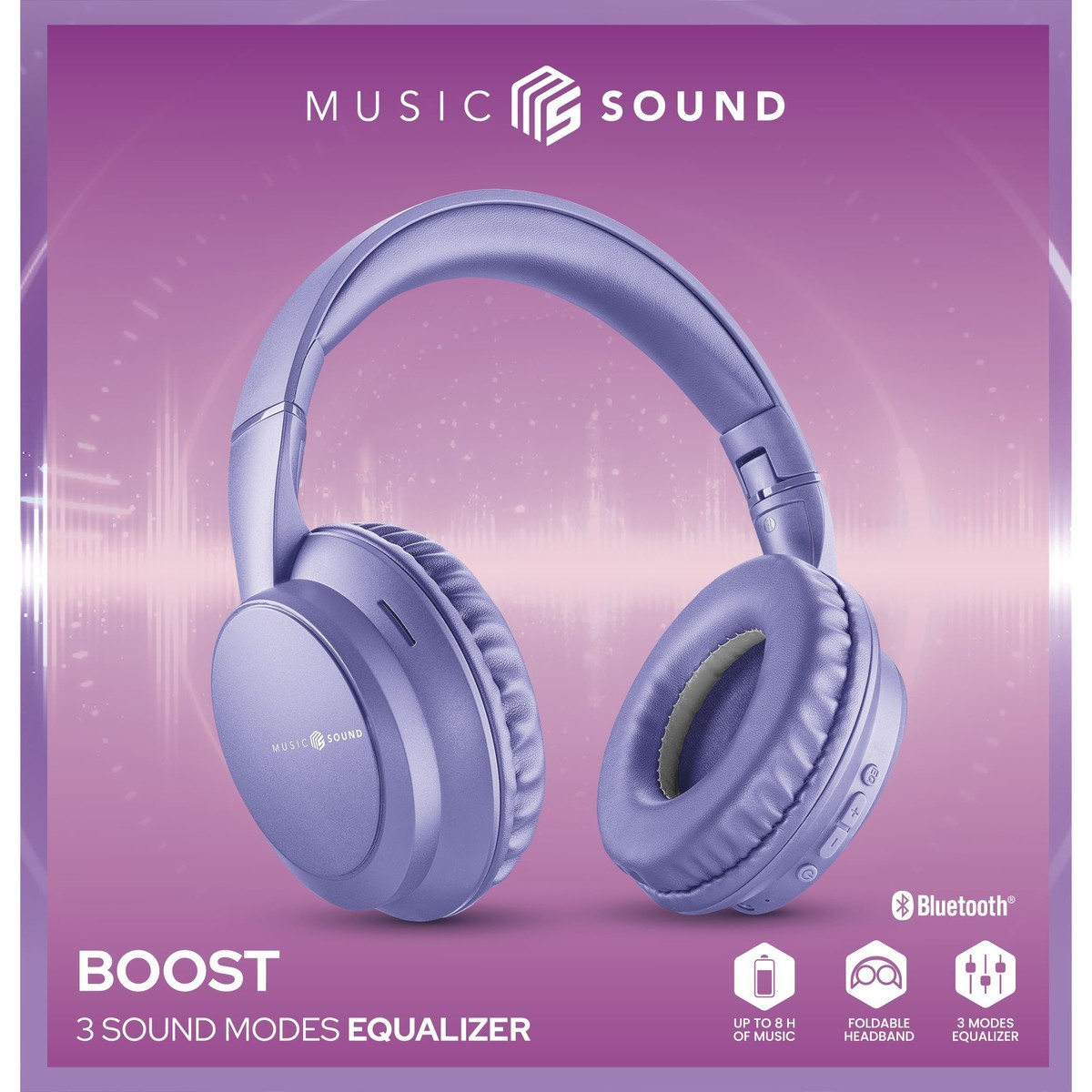Cuffie viola con dettagli bianchi, con testo 'MUSIC SOUND' e 'BOOST'. Include 3 modalità audio e Bluetooth.