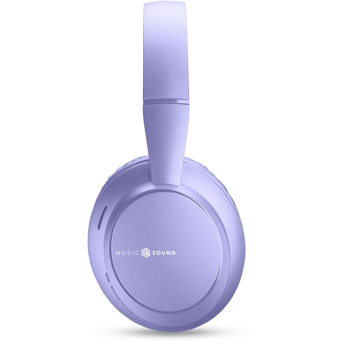 Una cuffia wireless color lavanda. Sui padiglioni auricolari c'è la scritta 'MUSIC SOUND'. Lo sfondo è bianco.