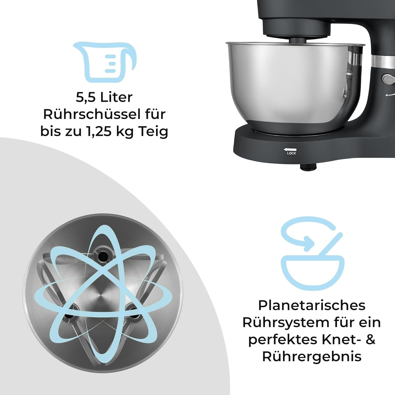 Dunkelgraue Küchenmaschine mit silberner Schüssel. Text: 5,5-Liter-Schüssel, Planetenrührwerk zum Kneten und Mischen.