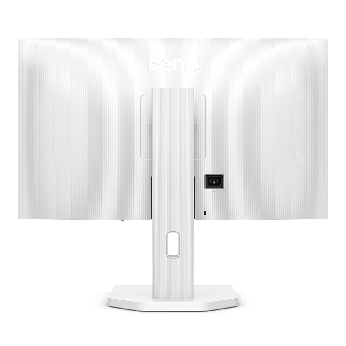 Back of a white BenQ monitor. Features a power port, stand, and the brand logo. The surface has vertical lines.