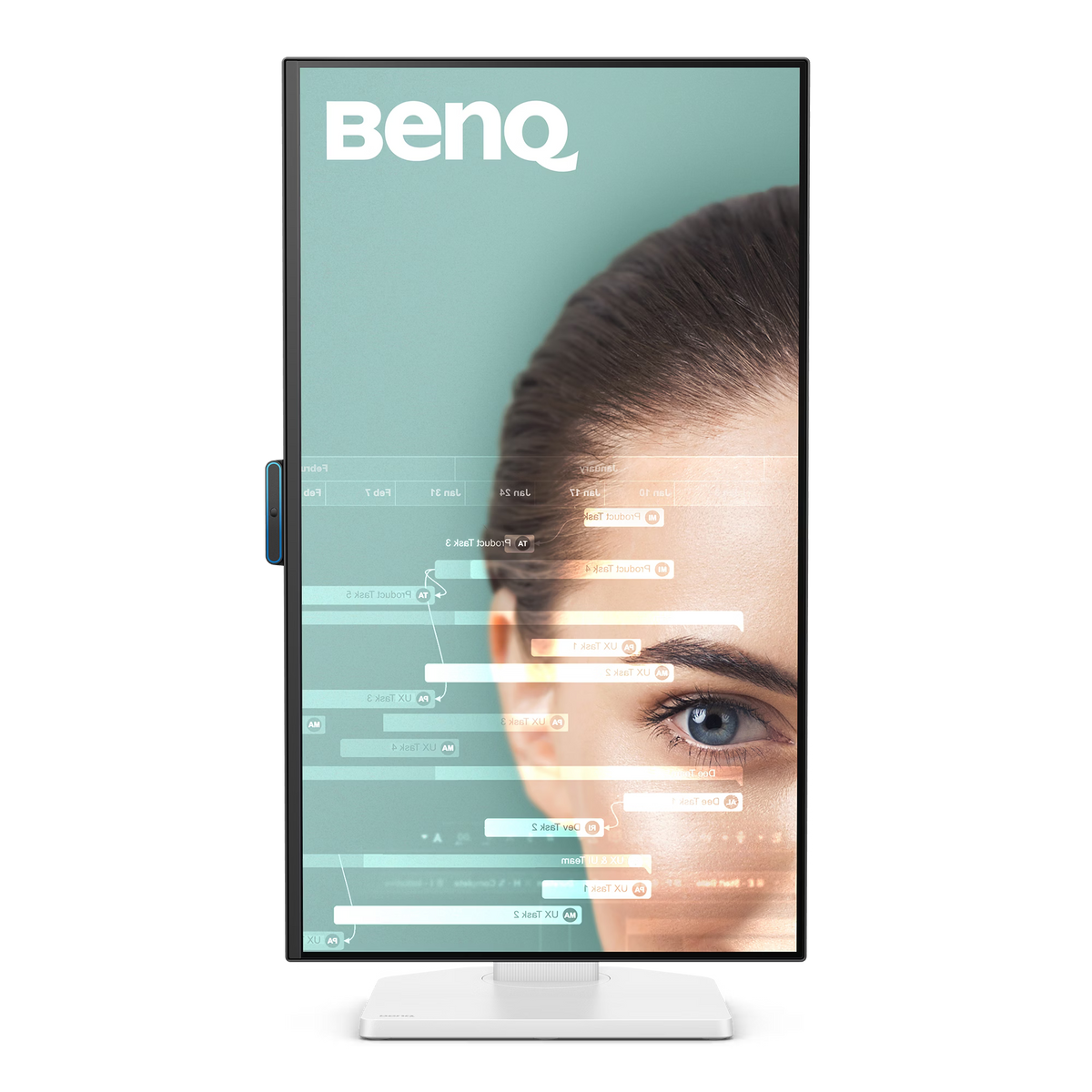 A computer monitor displays a woman's eye and data overlays. The BenQ logo is at the top. The monitor has a white base and a black frame.
