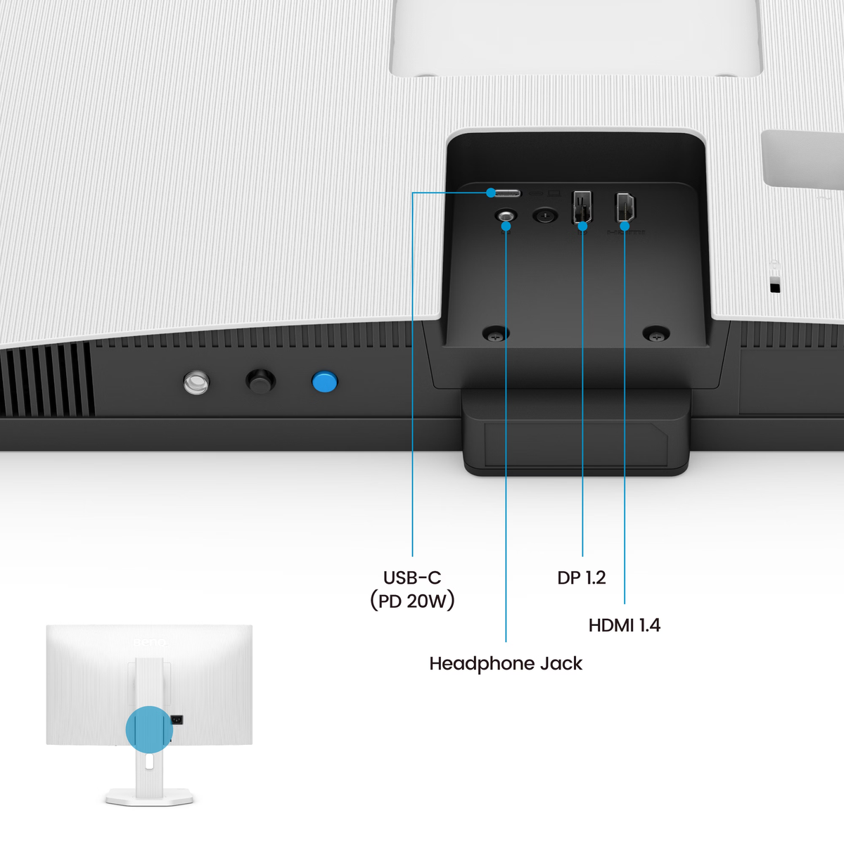 Rear view of a white monitor with ports labeled: USB-C, DP 1.2, HDMI 1.4, and a headphone jack. A smaller monitor is also shown.