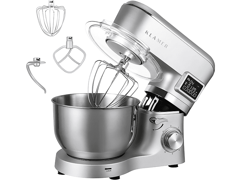 KLAMER Knetmaschine Küchenmaschine Silber (Rührschüsselkapazität: 5,5 l, 1400 Watt)