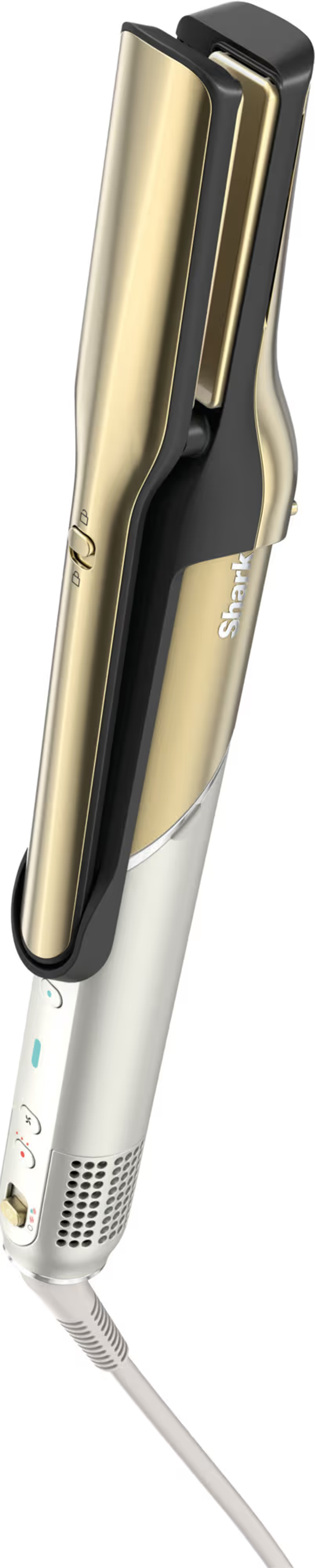 Een goud en zwart haarstylingtool. Het heeft een witte basis met bedieningselementen en een wit snoer. Het merk is Shark.