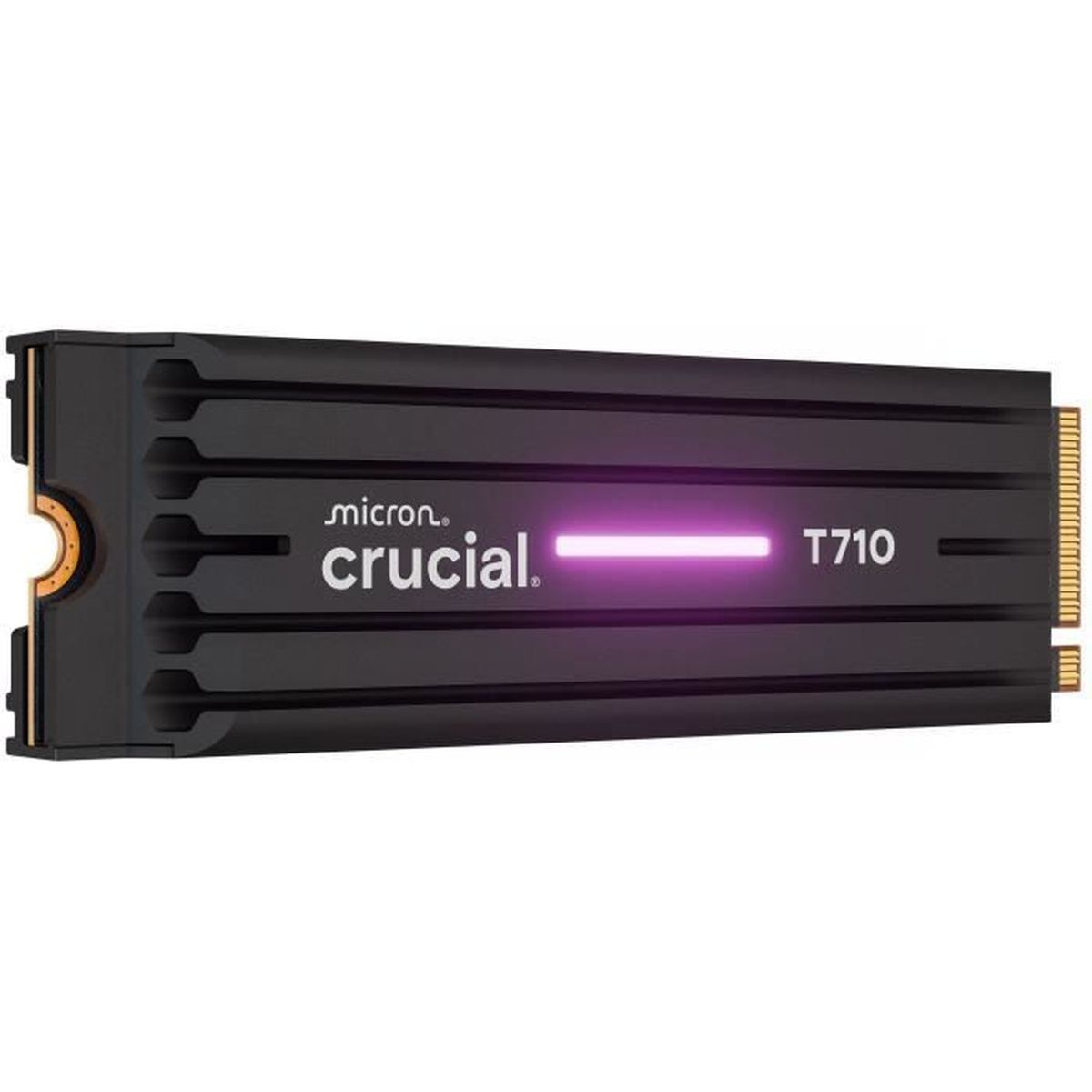 Eine schwarze Crucial T710 SSD. Es hat ein leuchtendes lila Licht. Der Markenname 'crucial' und 'micron' sind sichtbar.