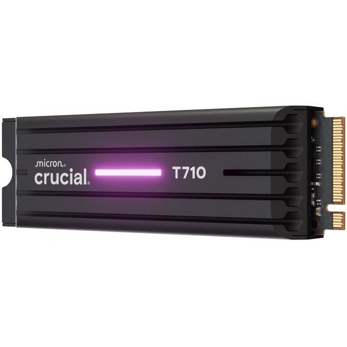Eine schwarze Computerkomponente mit der Marke crucial und dem Text T710. In der Mitte der Komponente befindet sich ein lila Licht.