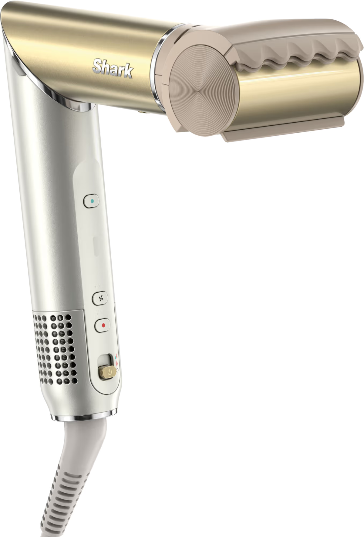Een goud en witte Shark haarstylingtool. Het heeft knoppen en een draaiknop. De kabel is wit en geribbeld.