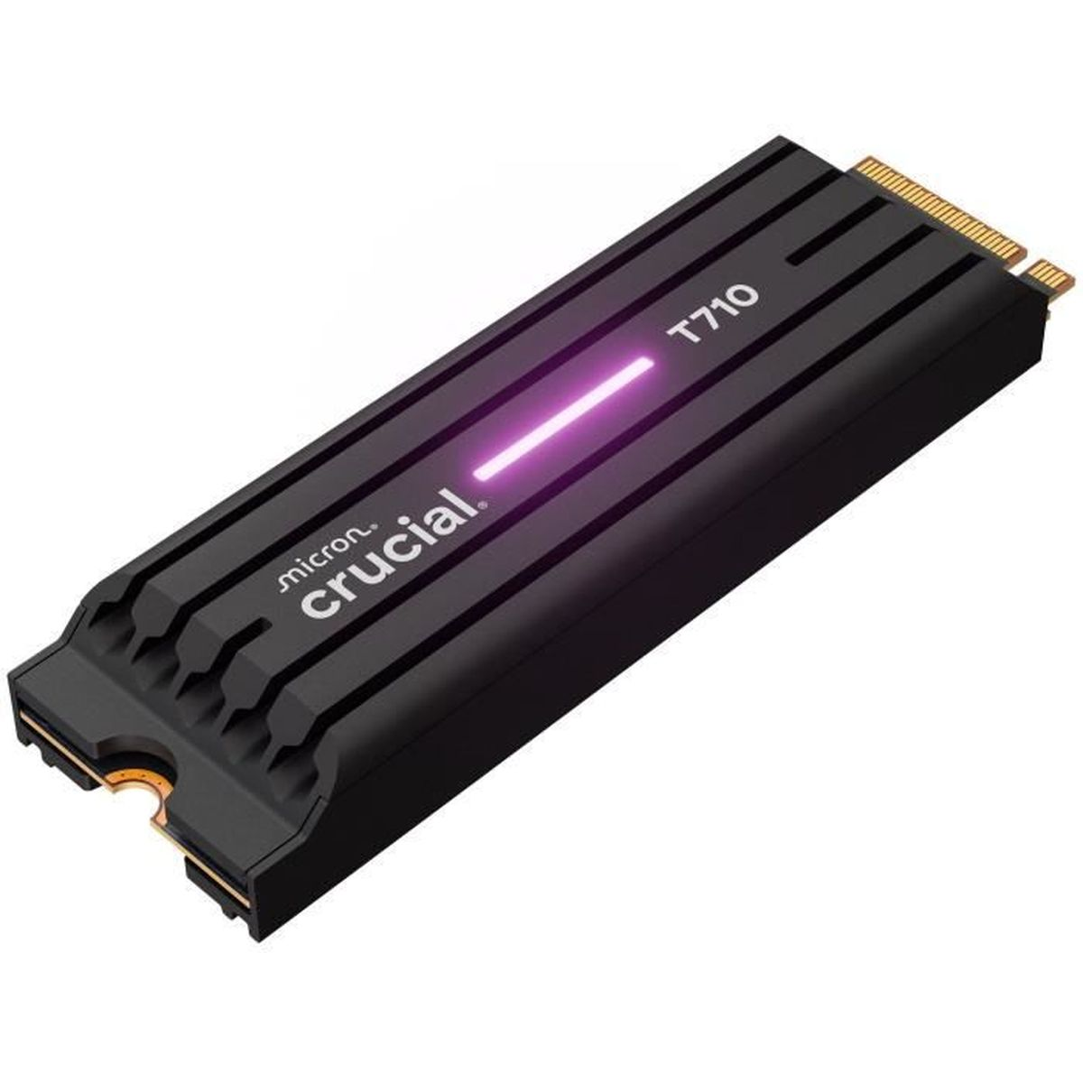 Schwarze Crucial T710 SSD. Es hat ein lila Licht und goldene Anschlüsse.