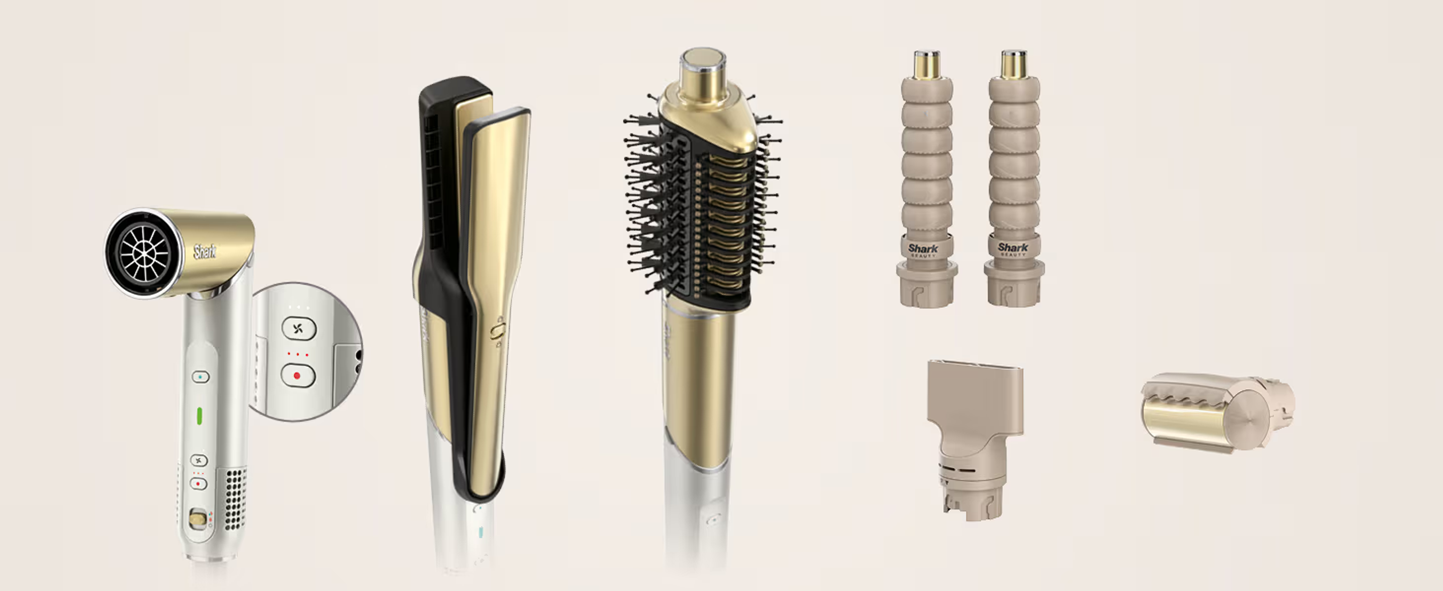 Haarstyling set met een gouden en zilveren föhn, stijltang, ronde borstel, twee mondstukken en twee krultangen.