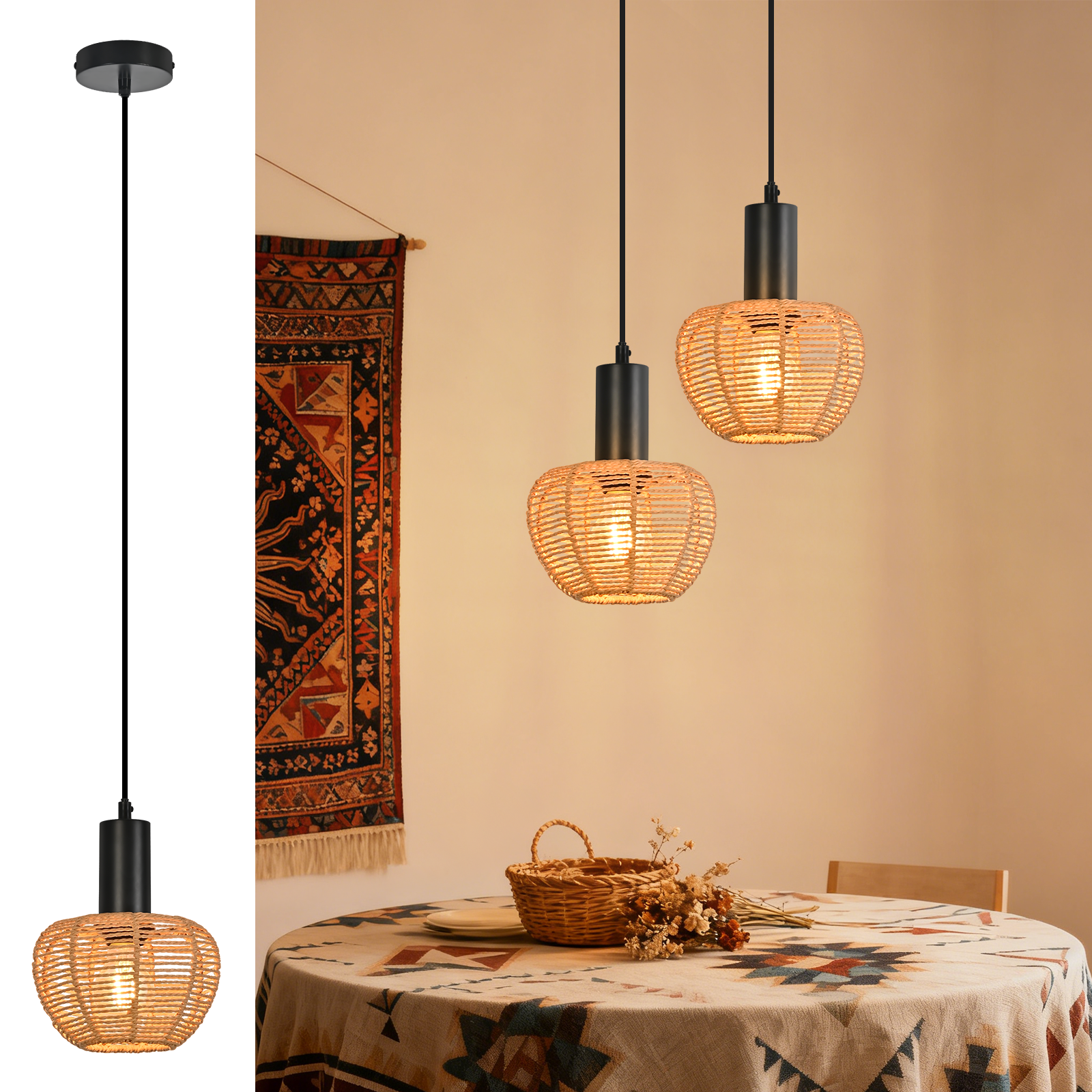 Dwie lampy wiszące nad okrągłym stołem. Widoczne są plecione abażury i wzorzysty obrus.