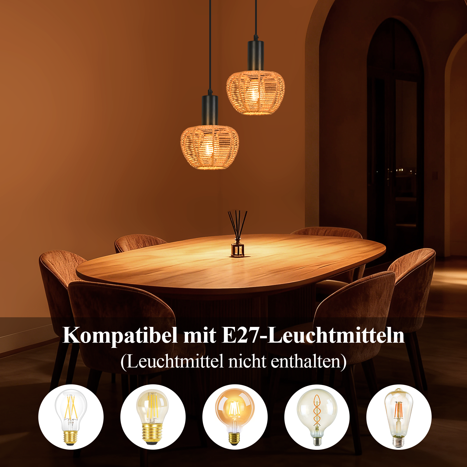 Dwie lampy wiszące nad drewnianym stołem. Tekst poniżej brzmi: 'Kompatybilny z żarówkami E27'.