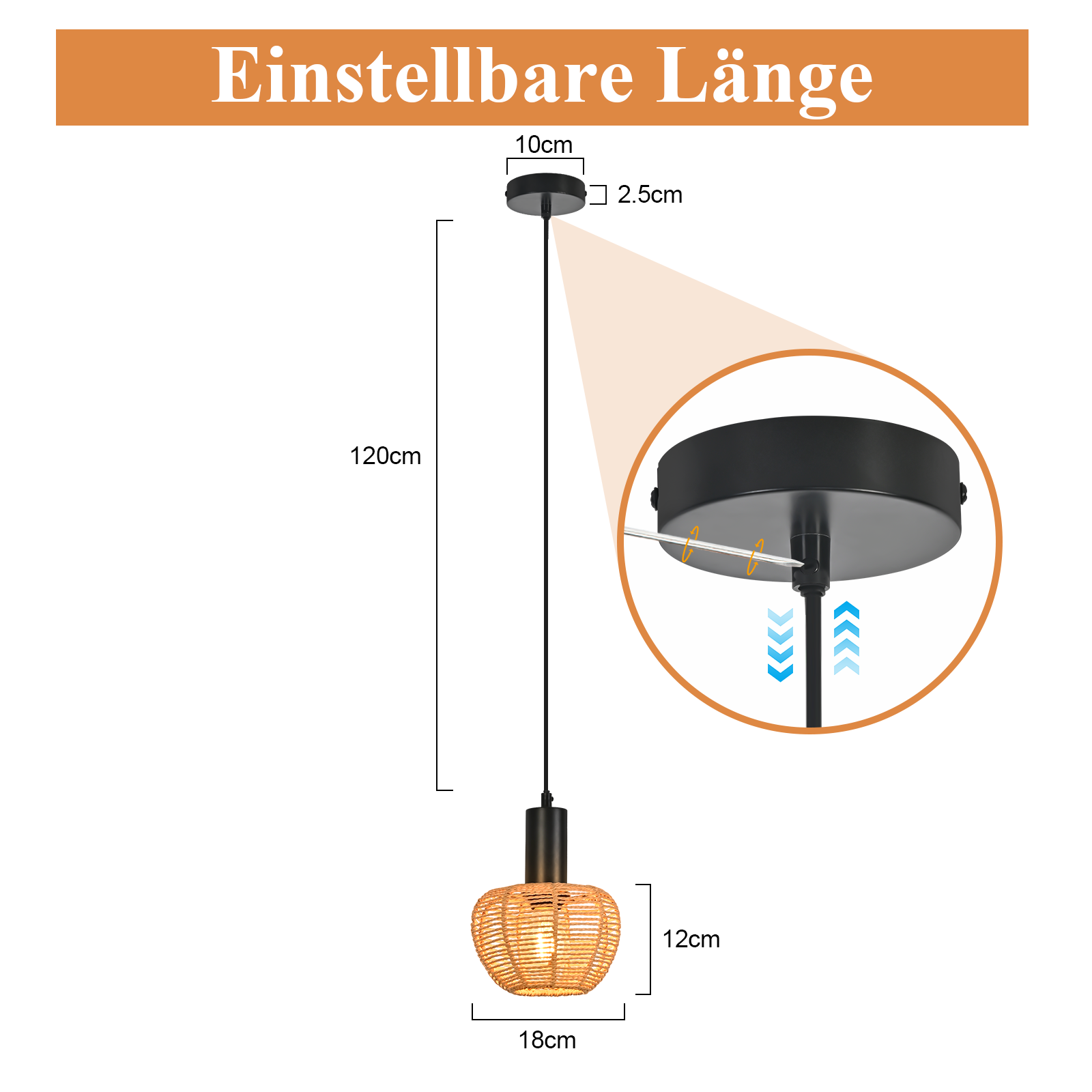 Lampa wisząca z tkanym kloszem. Wymiary: 18cm, 12cm i 120cm. Regulowana długość.