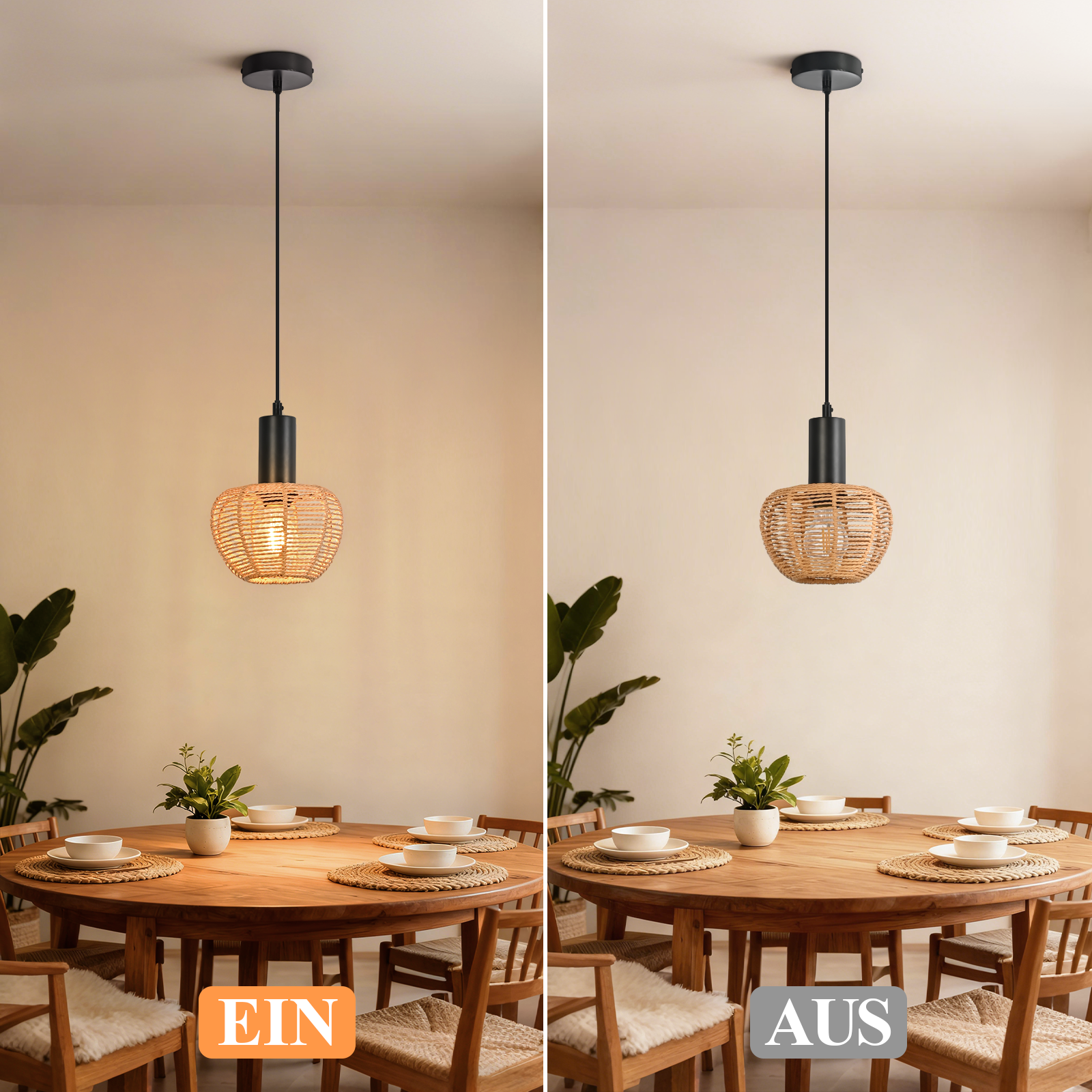 Scena w jadalni z okrągłym drewnianym stołem, krzesłami i wiszącą plecioną lampą. Światło jest włączone na pierwszym zdjęciu, wyłączone na drugim.