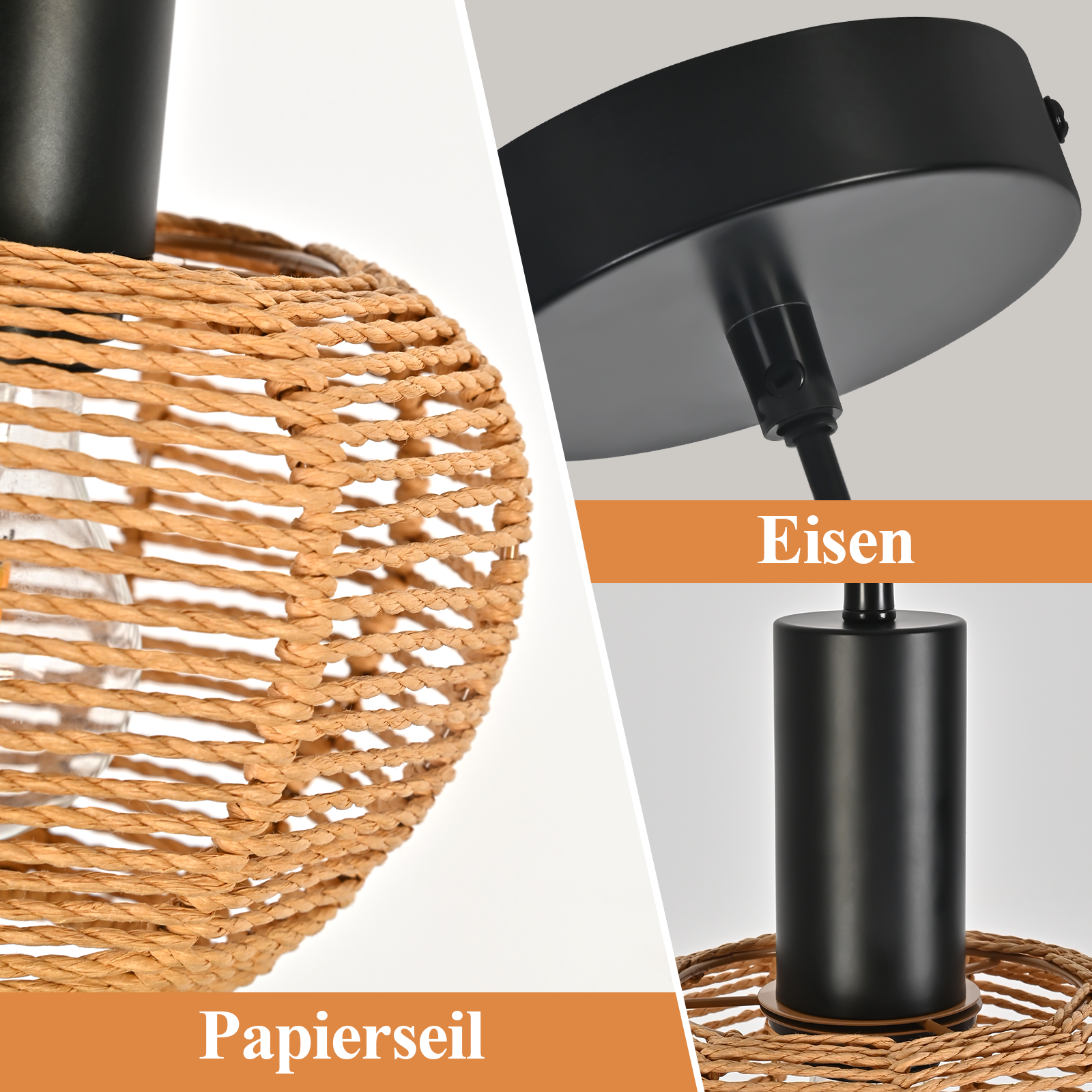 Zbliżenie lampy z abażurem z plecionej papierowej liny i czarną metalową ramą. Tło jest białe.