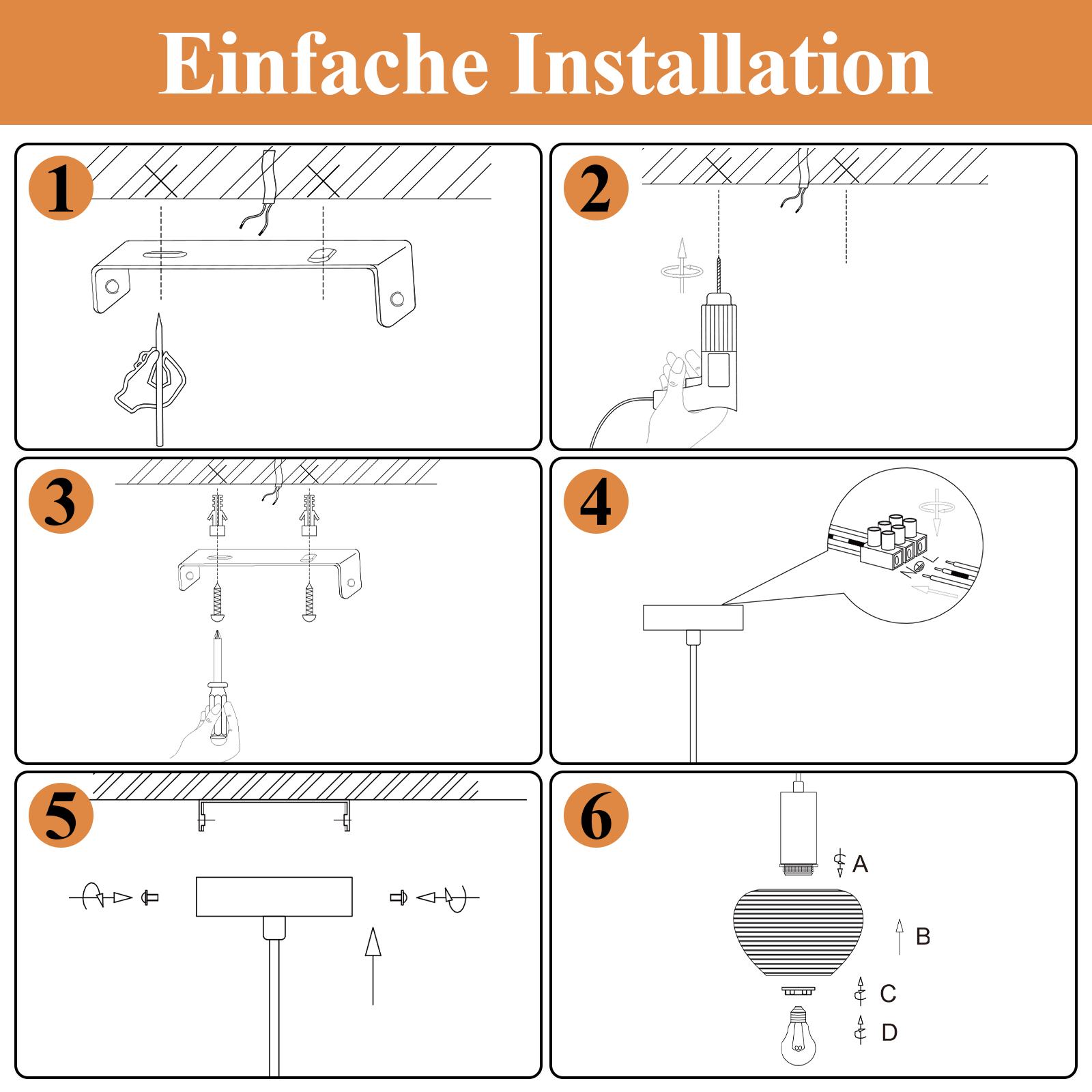 Instrukcja instalacji pokazująca kroki instalacji lampy wiszącej. Zawiera schematy dla każdego kroku, od mocowania sufitowego do żarówki.