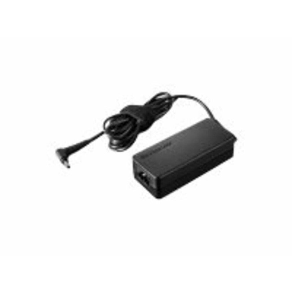 A black laptop power adapter with a black cable, coiled and secured with a strap, and a connector on a white background.