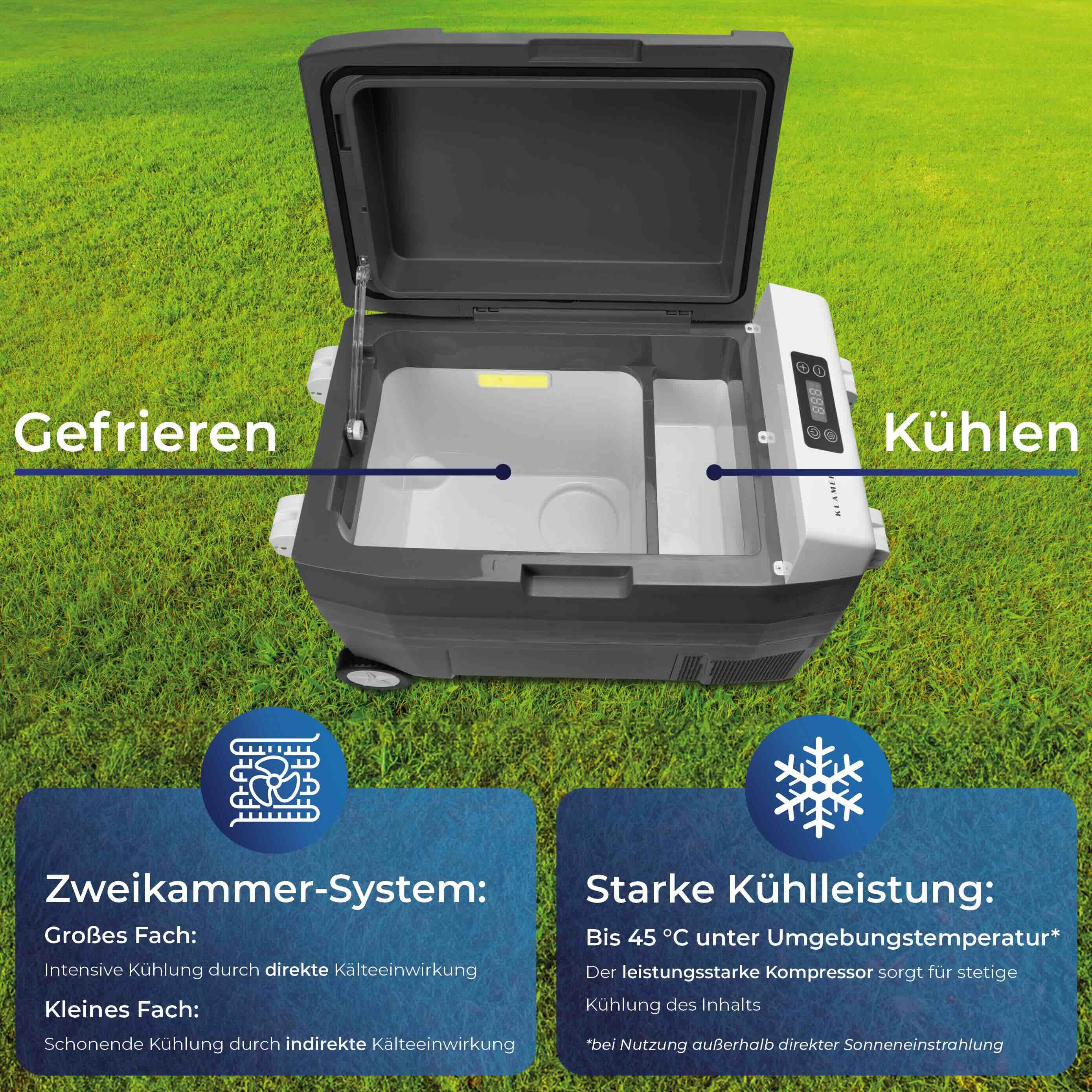 Offener Kühler auf Gras, mit Beschriftungen 'Gefrieren' und 'Kühlen'. Verfügt über ein Zweikammersystem.