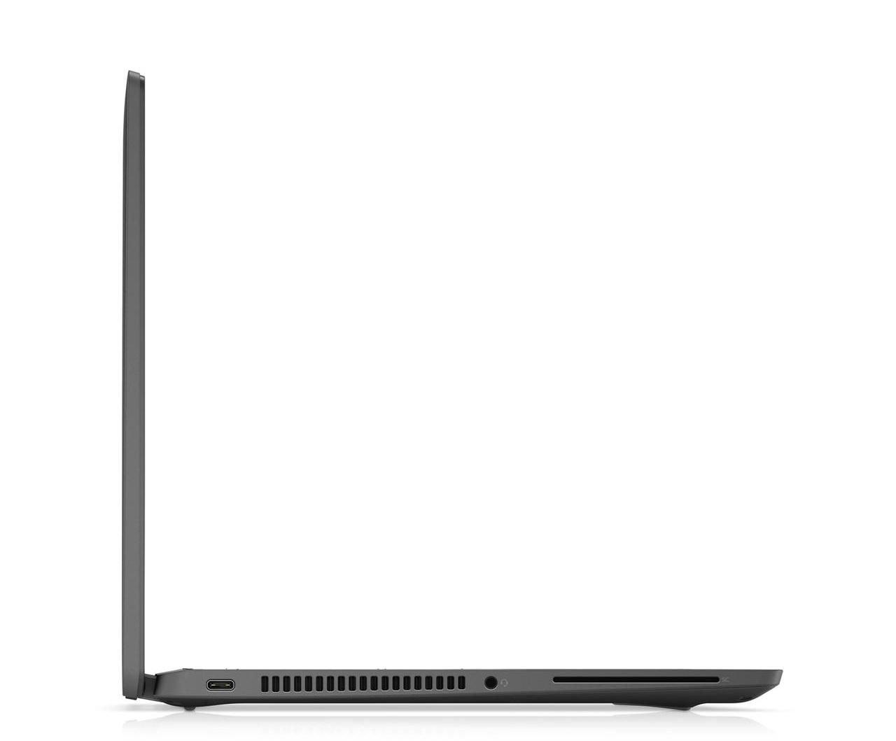 Seitenansicht eines grauen Laptops, teilweise geöffnet. Merkmale sind ein Anschluss, Lautsprecherlöcher und ein Kartensteckplatz.