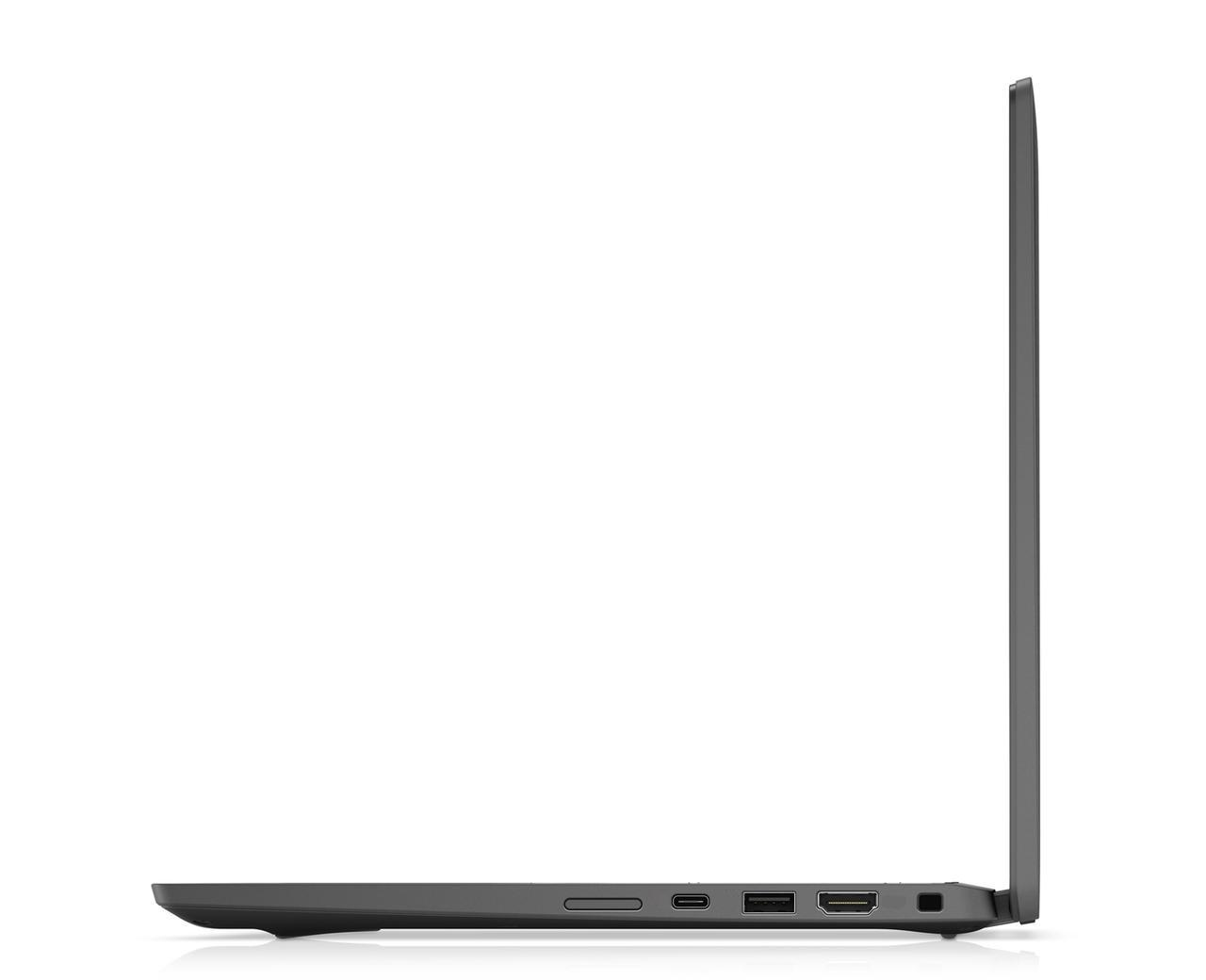 Seitenansicht eines grauen Laptops mit Anschlüssen und Bildschirm. Der Laptop ist geschlossen und steht vor weißem Hintergrund.