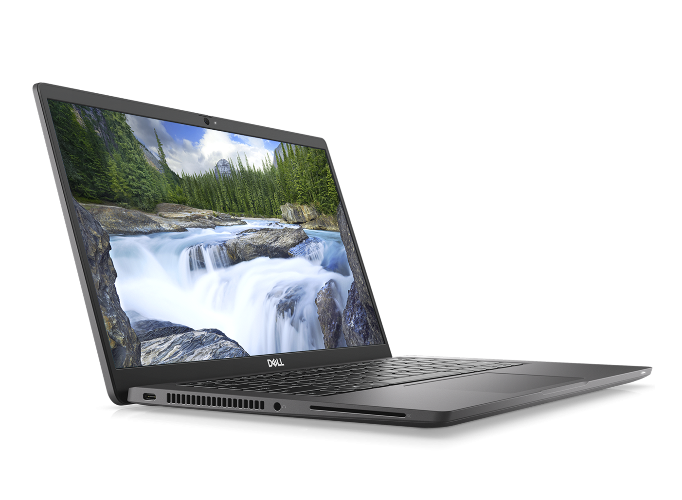 Laptop zeigt eine Wasserfallszene. Der Laptop ist grau, offen und abgewinkelt. Der Hintergrund ist schwarz.