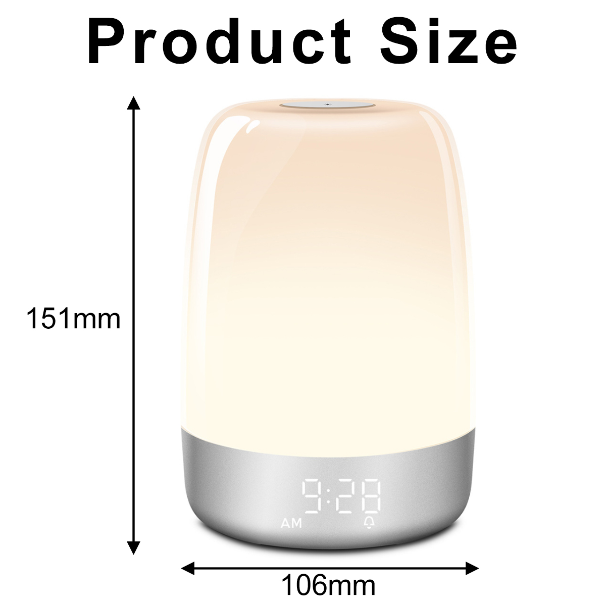 Eine weiße und silberne Nachttischlampe mit Digitaluhr, die 9:28 Uhr anzeigt. Produktgröße ist 151 mm x 106 mm.