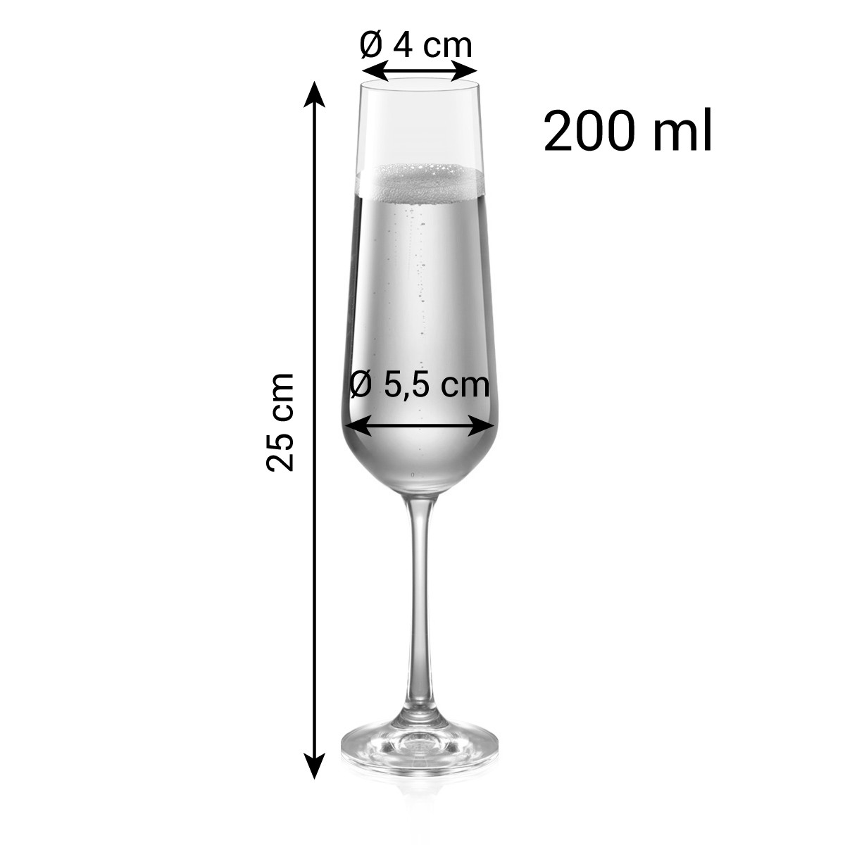 Ein Sektglas mit Flüssigkeit und Schaum. Maße sind beschriftet: 25 cm, 4 cm Durchmesser, 5,5 cm Durchmesser und 200 ml Fassungsvermögen.