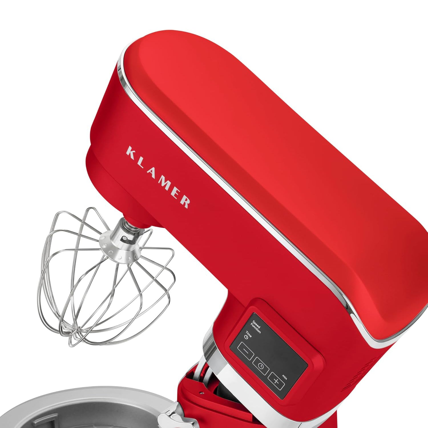 Ein roter Klamer-Küchenmixer mit Schneebesenaufsatz. Der Mixer hat eine silberne Zierleiste und ein digitales Display.