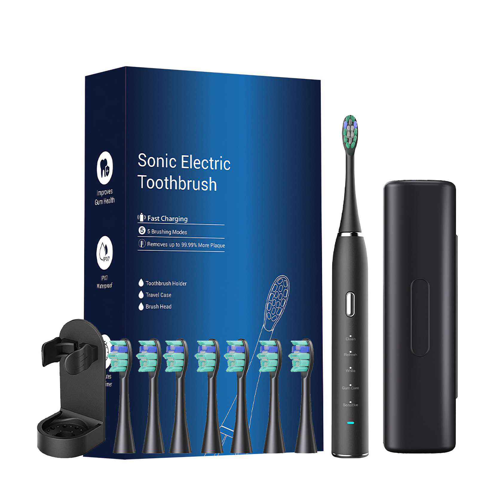 Ein schwarzes Sonic Electric Zahnbürsten-Set. Enthält Zahnbürste, 6 Bürstenköpfe, Halter und Reiseetui. Box hat Text.