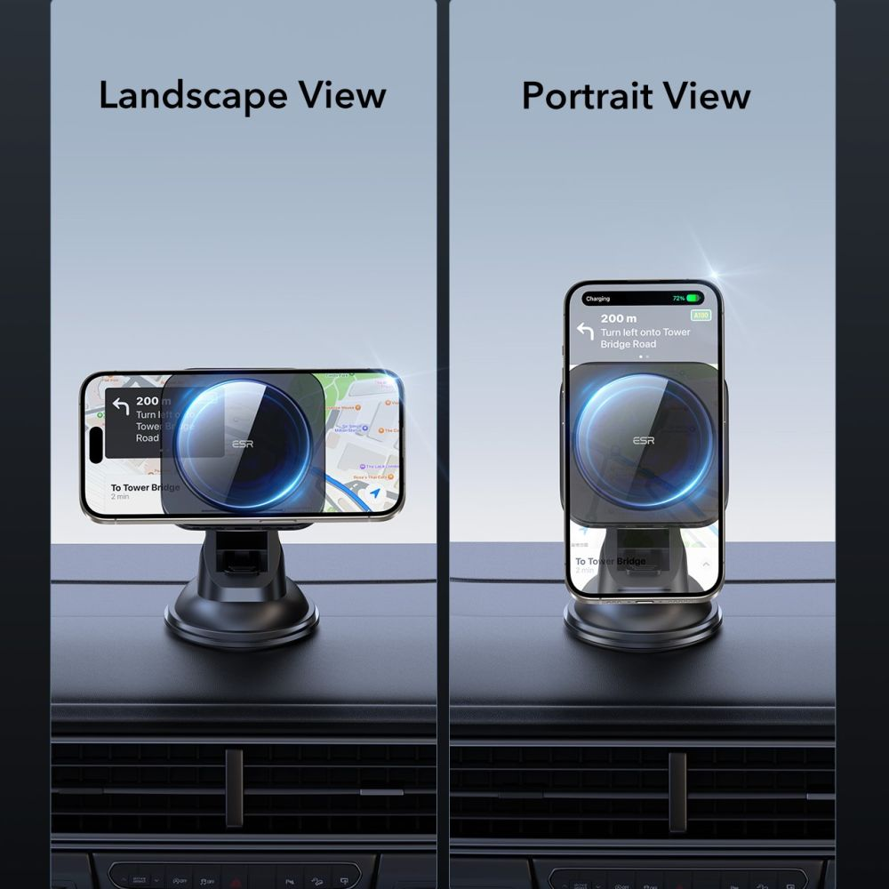 Zwei Telefone sind auf einem Armaturenbrett montiert, eines im Quer- und eines im Hochformat, beide mit Navigationsanweisungen.