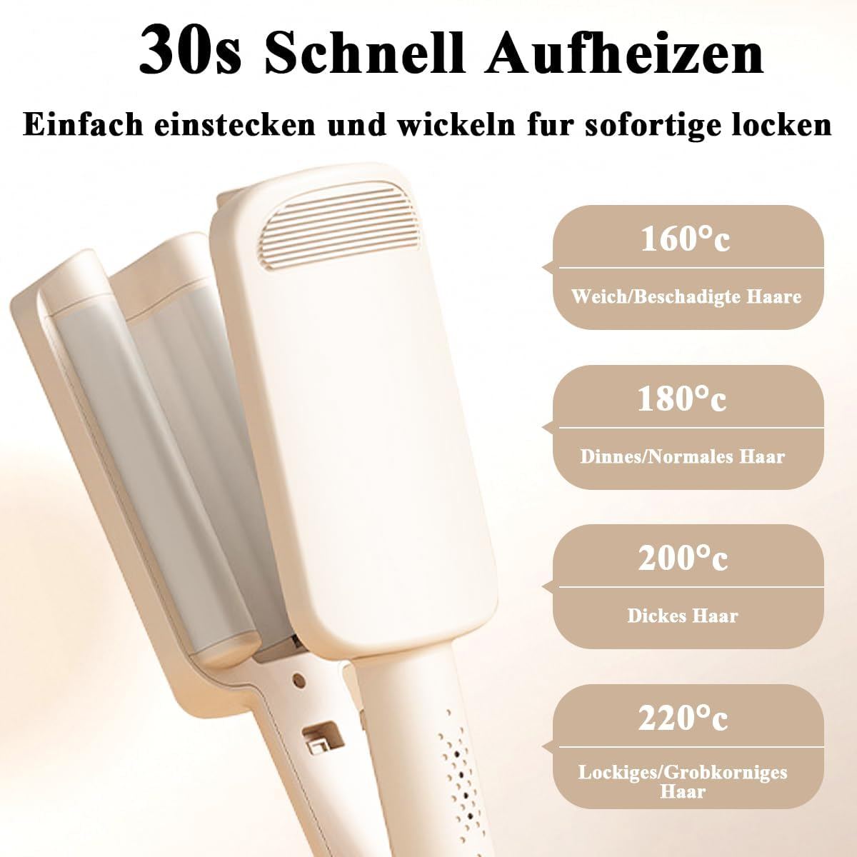 Ein cremefarbenes Haarstyling-Tool mit Temperatureinstellungen, von 160°C für geschädigtes Haar bis 220°C für grobes Haar.