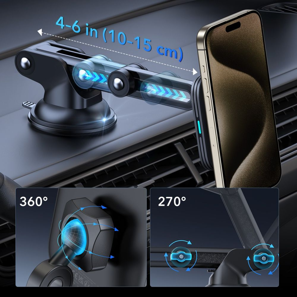 Autohandyhalterung mit befestigtem Telefon. Zeigt Rotationswinkel und Entfernungsbereich. Schwarz-Silber-Farbschema. Details des Telefons sind sichtbar.