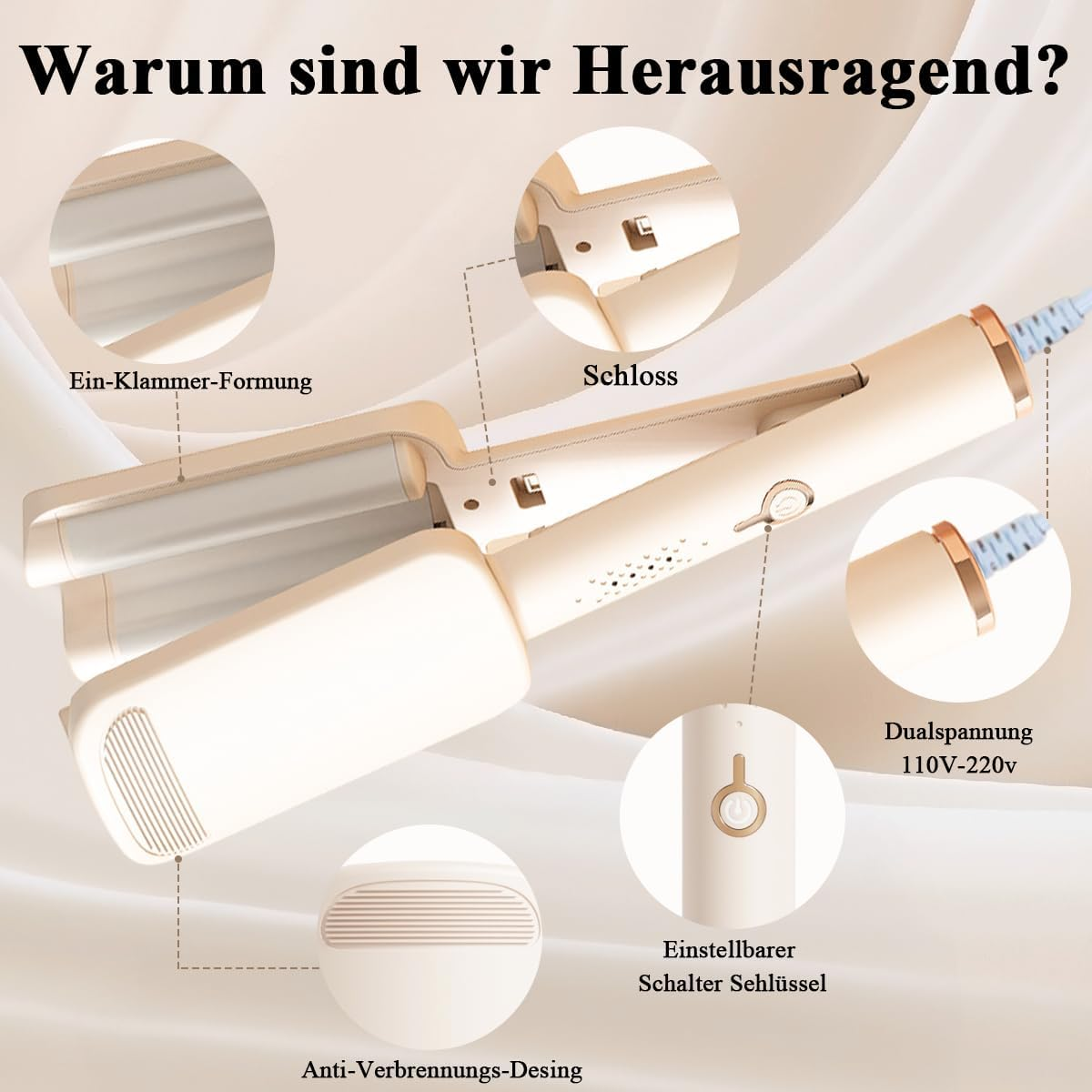 Ein cremefarbenes Haarstyling-Tool. Zu den Merkmalen gehören eine Klammer, ein Schloss, ein einstellbarer Schalter, ein Verbrennungsschutz und Doppelspannung.