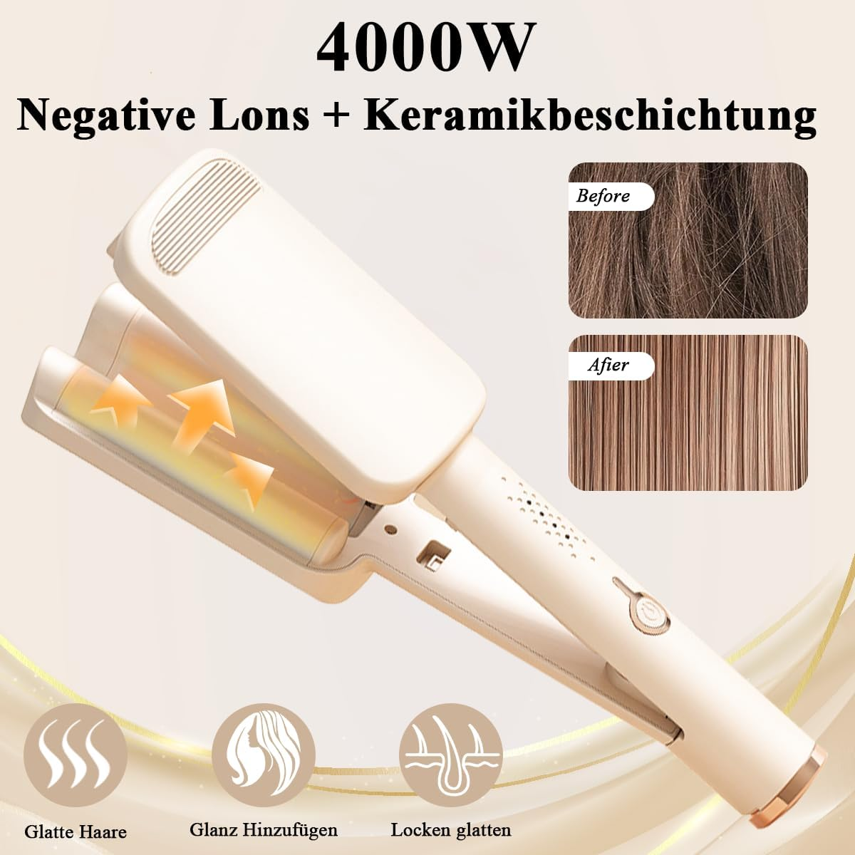 Haarglätter mit weißem Gehäuse, zeigt Haare vor und nach dem Glätten. Text: 4000W, Negative Ionen + Keramikbeschichtung. Icons für glattes, glänzendes Haar.