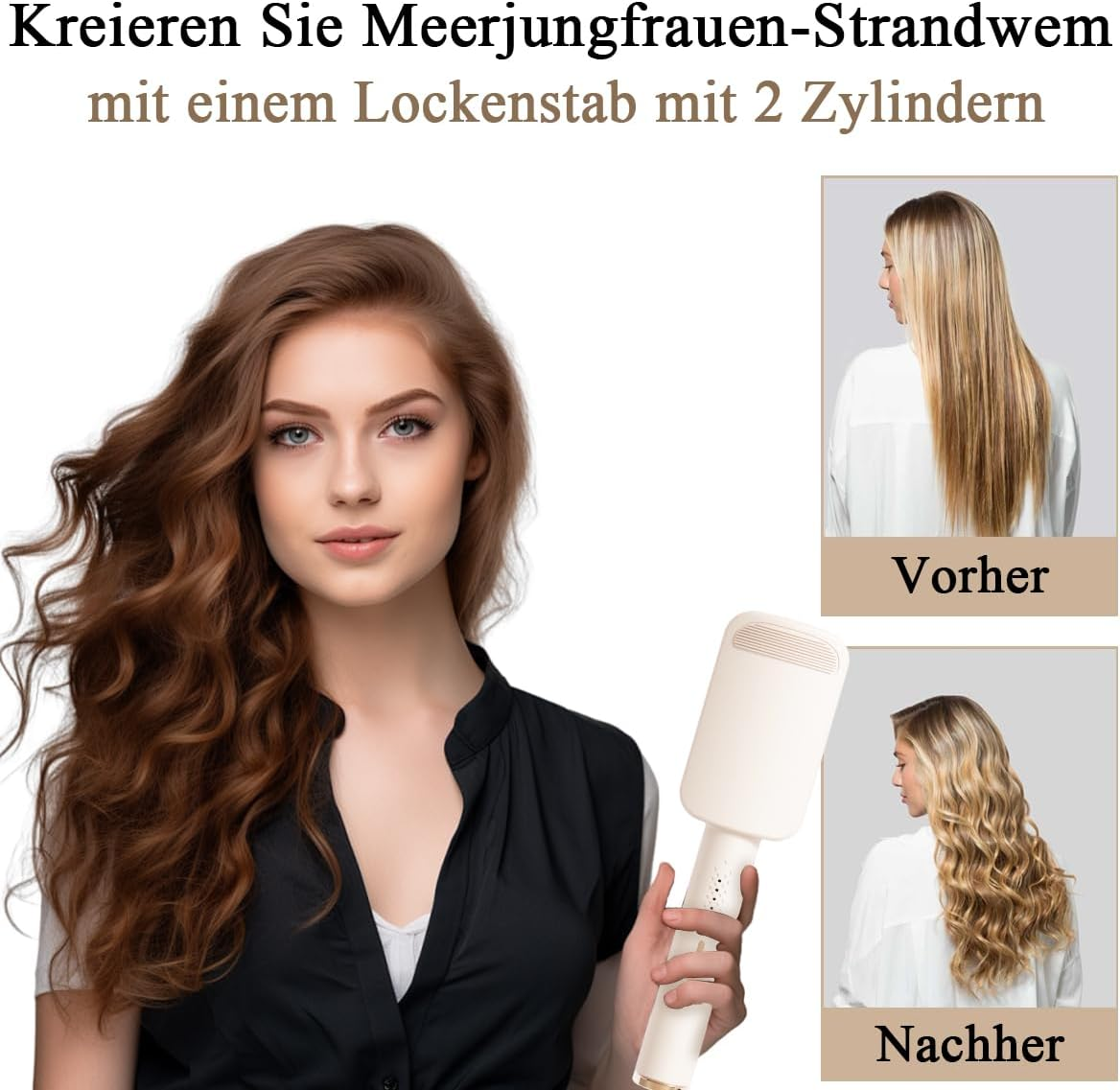 Eine Frau mit welligem, braunem Haar hält ein Haarstyling-Werkzeug. Vorher/Nachher-Bilder zeigen glattes zu welligem Haar.