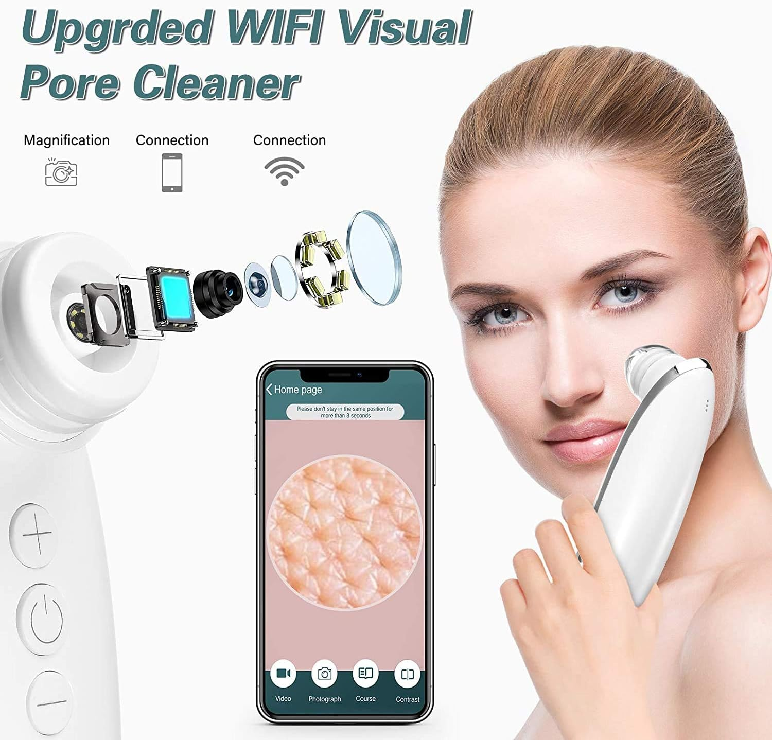 Eine Frau benutzt einen weißen Porenreiniger im Gesicht. Ein Telefon zeigt Haut im Nahaufnahme. Text: WiFi Visual Pore Cleaner.
