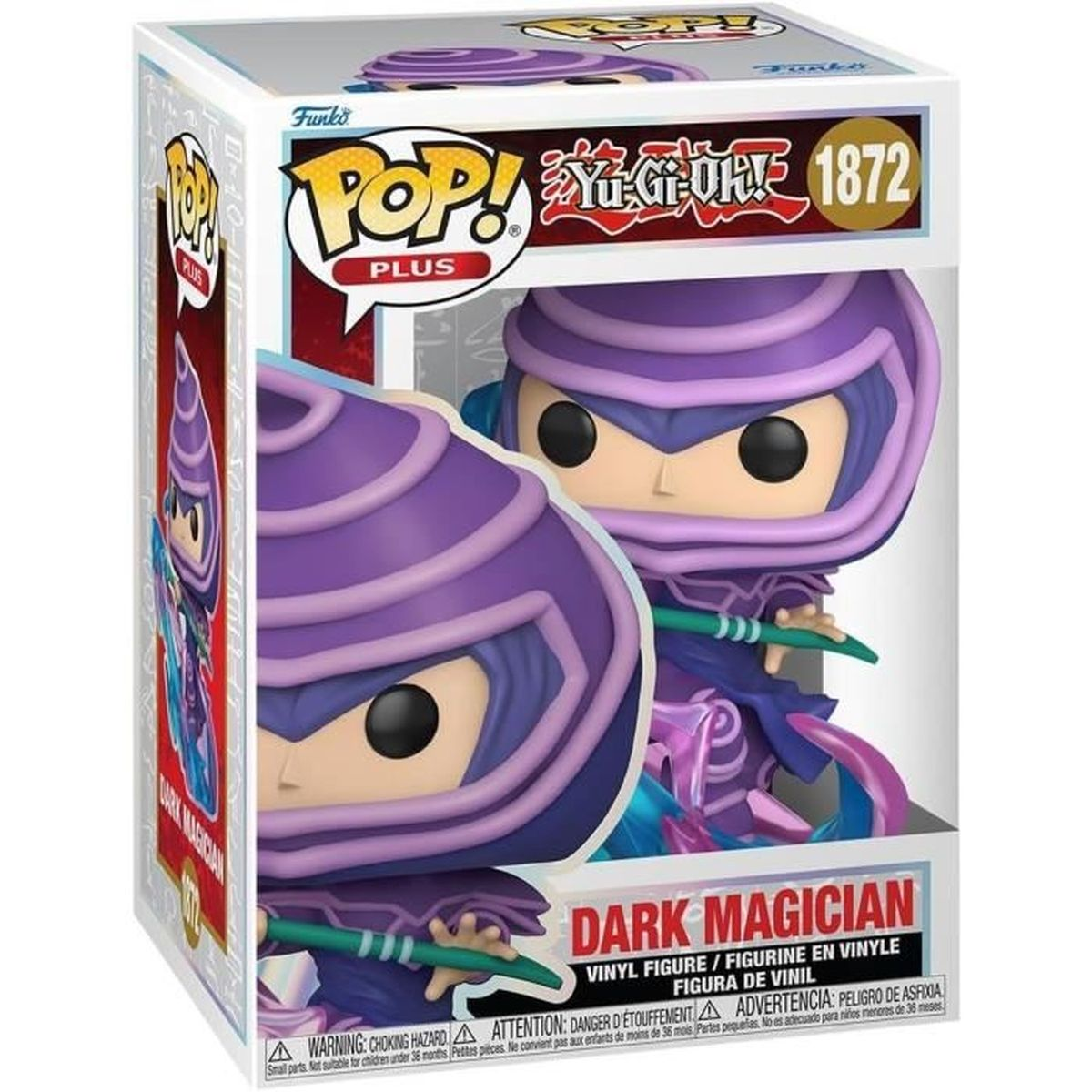 Figurka Funko Pop! Dark Magician z Yu-Gi-Oh! w pudełku. Figurka jest fioletowa z laską.