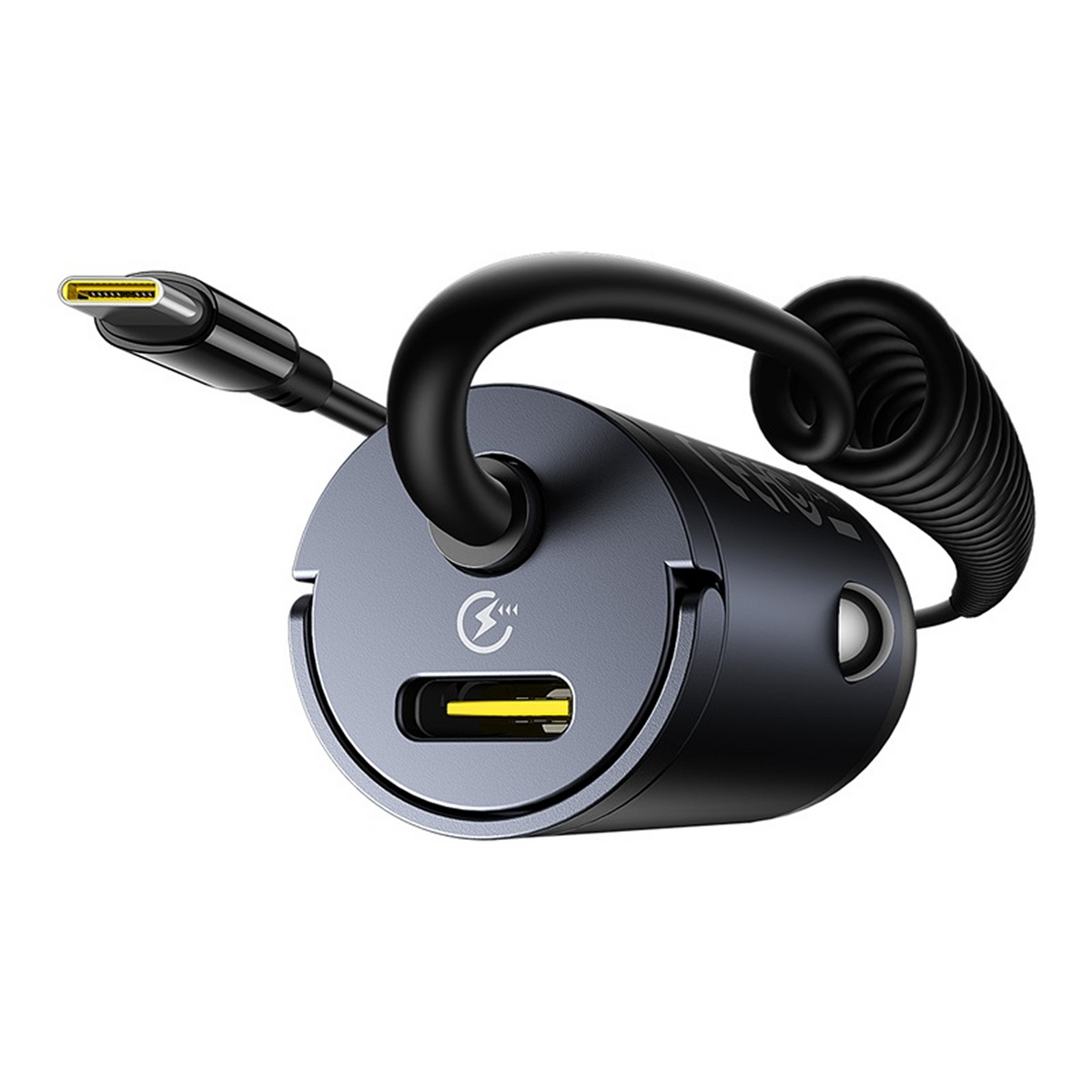 Caricabatterie per auto nero con cavo USB-C e cavo a spirale. Il caricabatterie ha una porta USB gialla e un indicatore di carica.