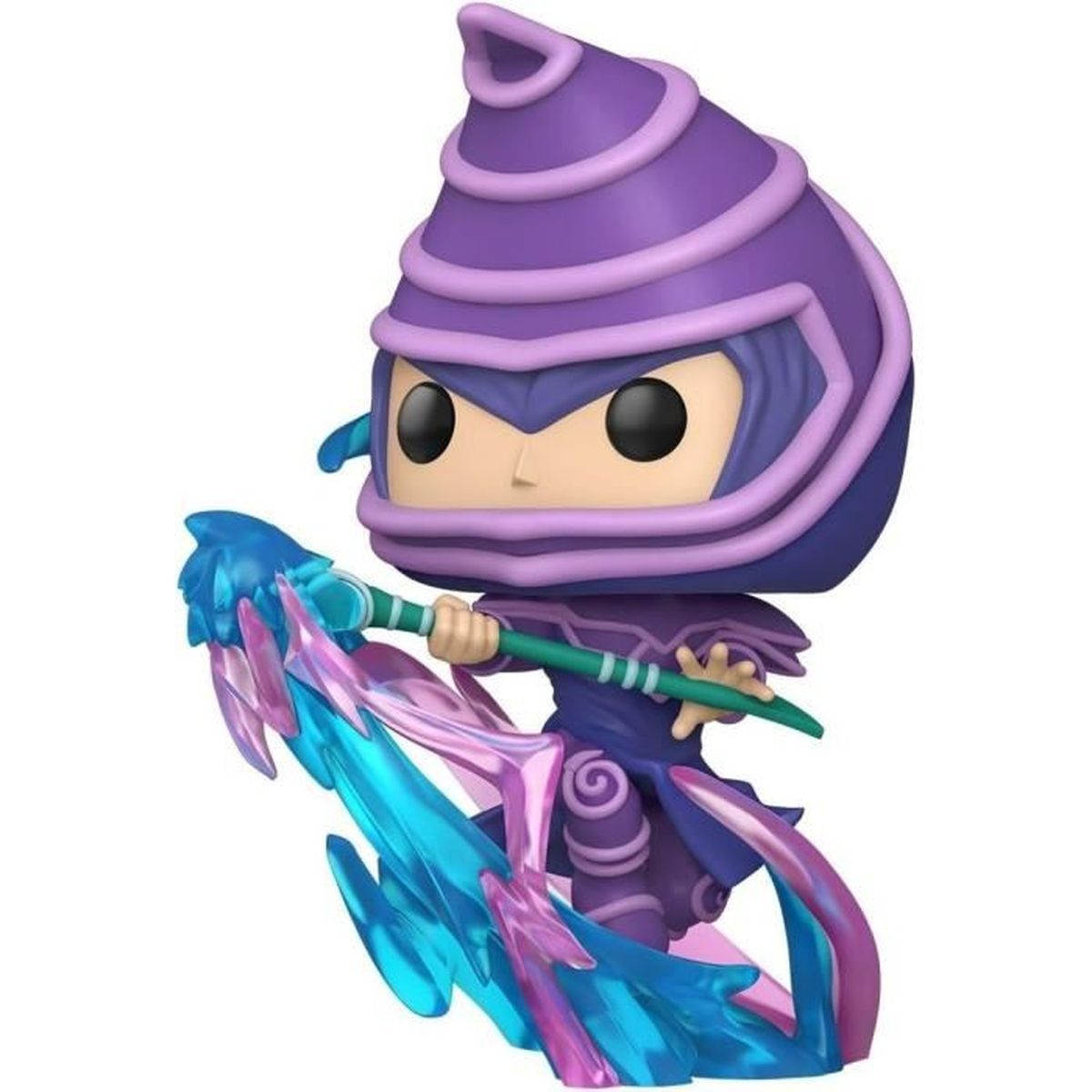 Figurka Funko Pop Dark Magician. Ma fioletowy hełm i trzyma laskę z niebieskimi i różowymi efektami energii.